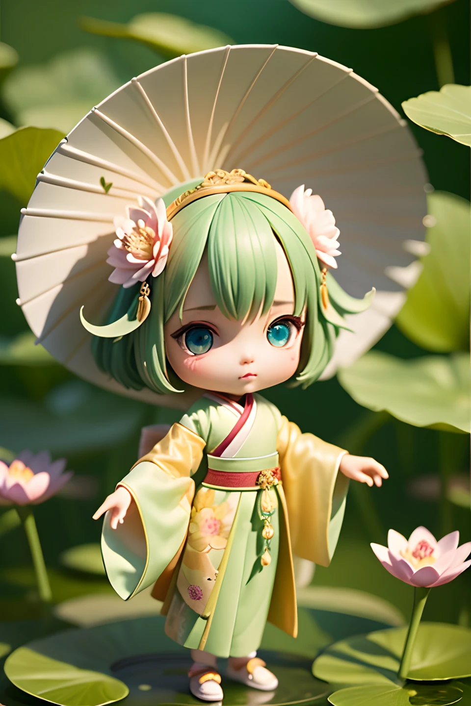 fullbody chibi (A small fairy in a green Hanfu) (whole body :1.2) (standing on a lotus leaf) (surrounded by lotus leaves and lotus flowers) (surrounded by lotus leaves and lotus flowers) (holding a lotus flower) (Lotus fairy) (drops falling) (Best quality) (clean background) (Girl) (background blurred) Details beautiful face, details beautiful eyes,mini figures ,IP,chili,cute,3d,c4d,oc,render,abs,3s,pvc,popmart