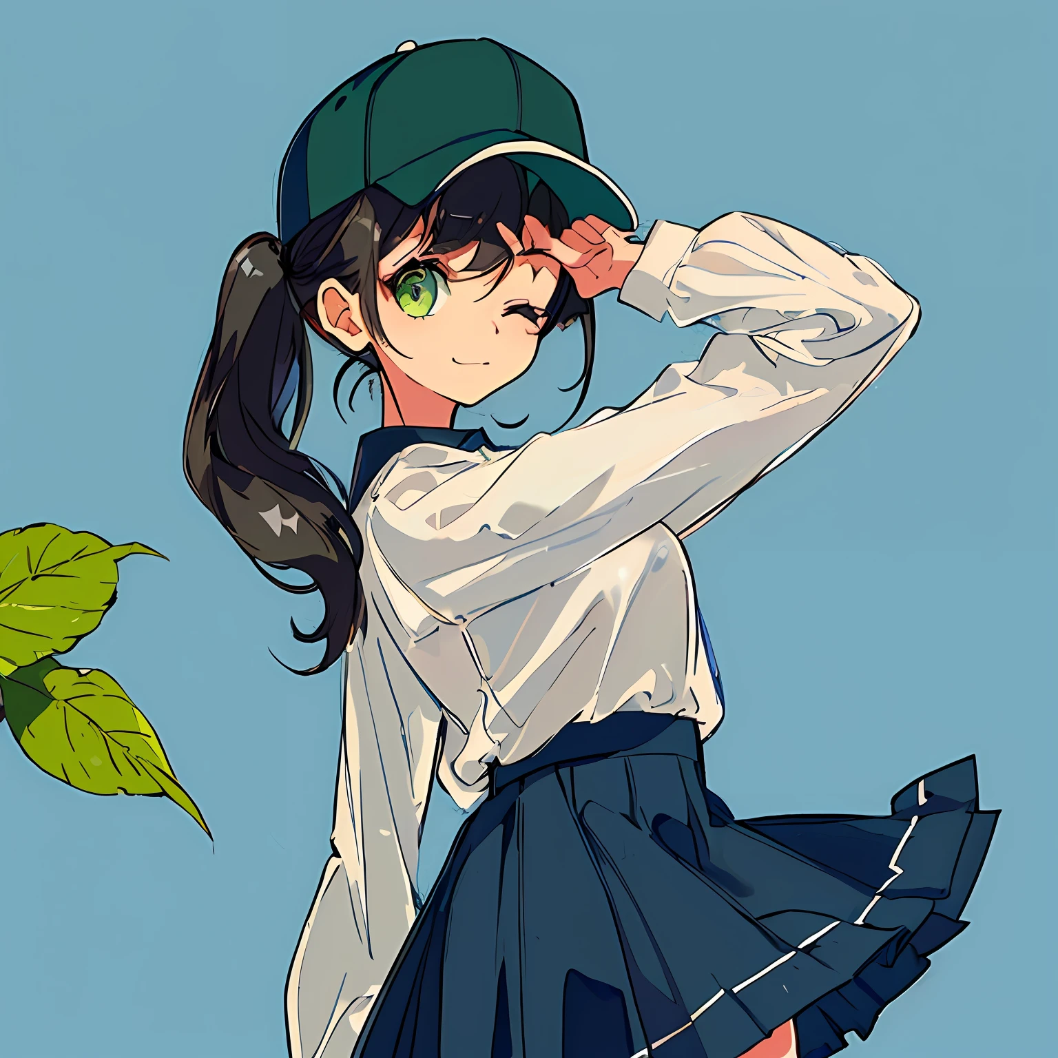 1girl, alone, green eyes, one eye closed, kalap, skirt, baseball cap, leaf, shirt, cowboy shot, Looking at Viewer, blue headwear, blue skirt, long sleeves, black hair, long hair, white shirt, pigtail, plant, arm up, hair bun, transparent background