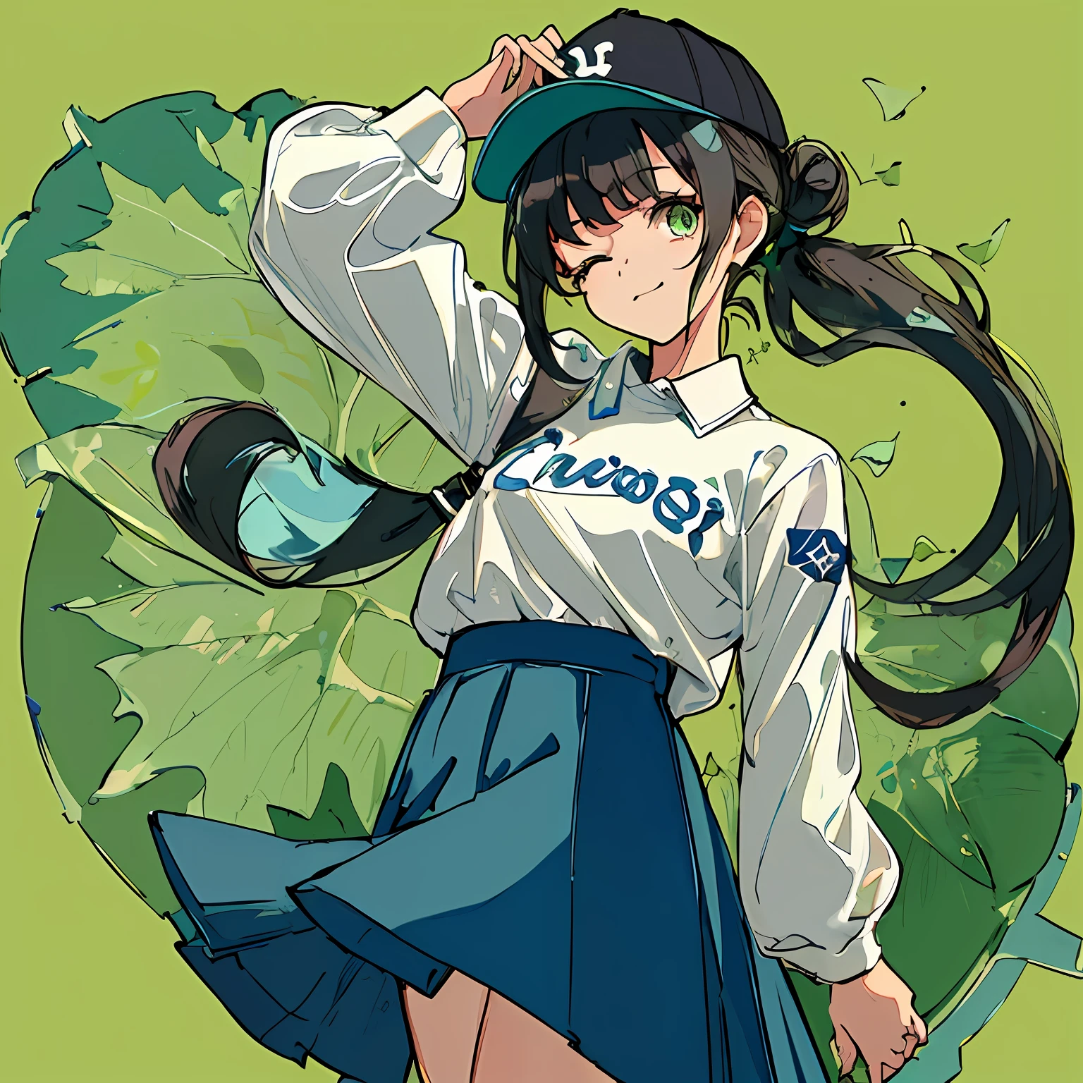 1girl, alone, green eyes, one eye closed, kalap, skirt, baseball cap, leaf, shirt, cowboy shot, Looking at Viewer, blue headwear, blue skirt, long sleeves, black hair, long hair, white shirt, pigtail, plant, arm up, hair bun, transparent background