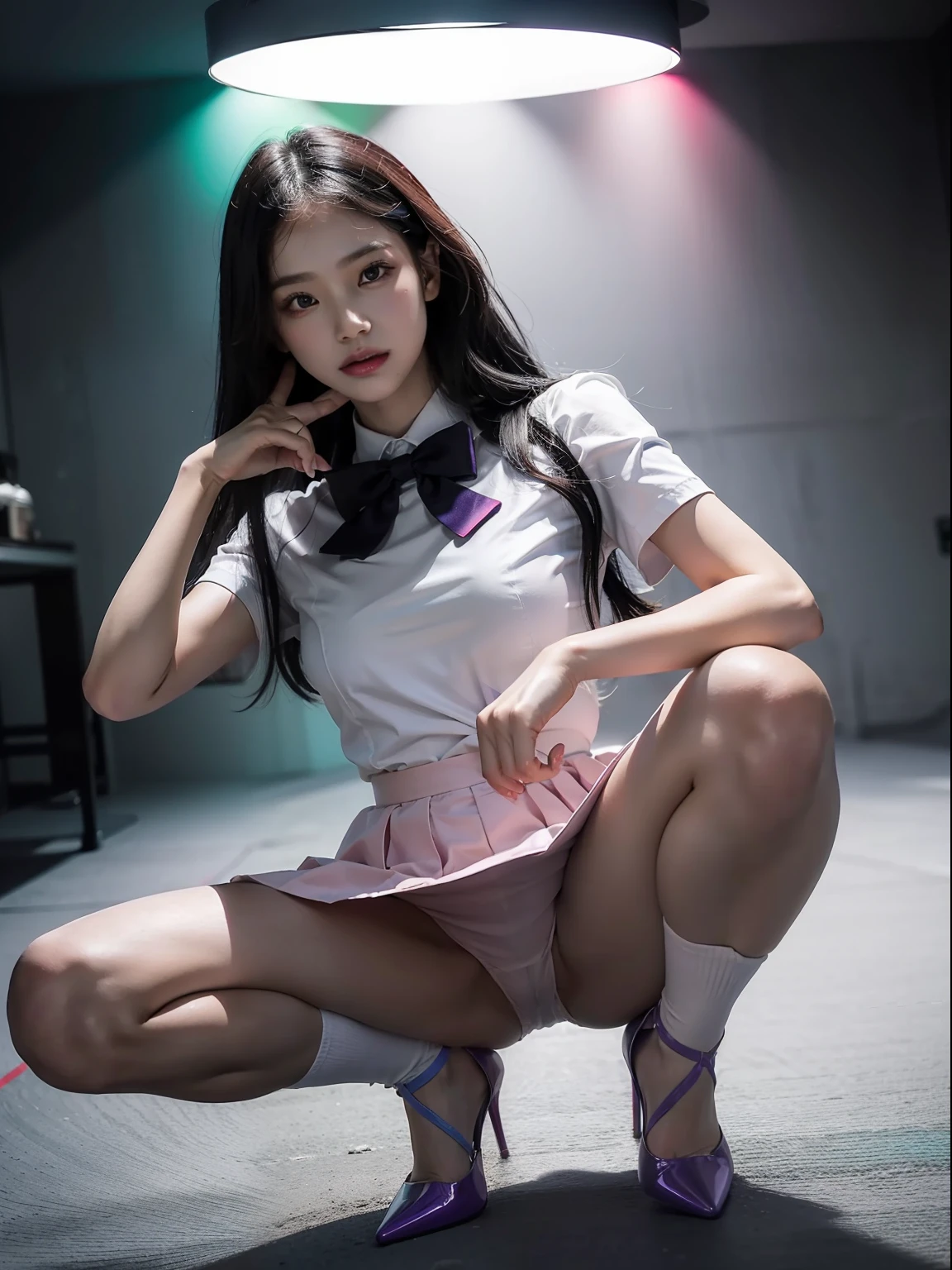 (full bodyesbian:1.5)，Dance at the top of the mountain in gorgeous student uniforms， (Polished pointed toe heels:1.2), (In pink|amarelo|blue colors|green color|red colour|white colors|black in color|purpleish color|greys|Beige|Flesh-colored)，(Accurate and perfect face:1.2)，A shallow laugh,,hyper HD, Ray traching, reflective light，structurally correct, Award-Awarded, high detal, lightand shade contrast, Face lighting，cinmatic lighting, tmasterpiece, super detailing, high high quality, high detal, best qualityer, 16k，