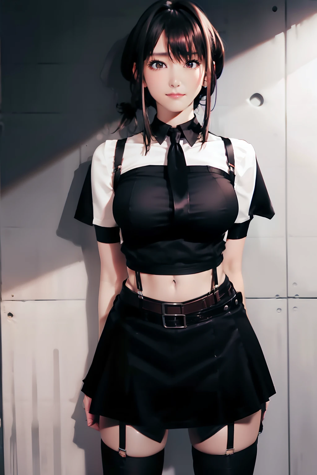 a belt　　　　　suspenders　　Black miniskirt　neck tie　Black tank top　　　　Black stockings　　　　Brown hair　poneyTail　Gray eyes　　holster　bobby　Garter belt on the legs 　Brown hair　Serious face　piece　large full breasts　　Fold your hands behind your back　stomach