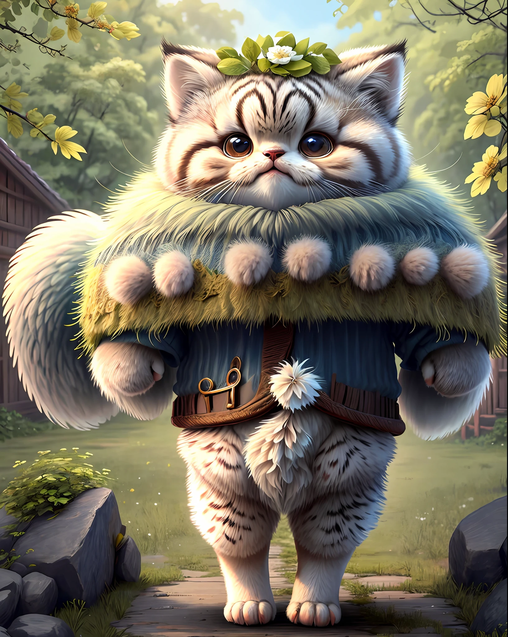 Top image quality、"Create a masterpiece of cute creatures. (Manul cat), high detailing, in 8K、Top image quality、Dressed as an adventurer、Holding a sword and shield in your hand、