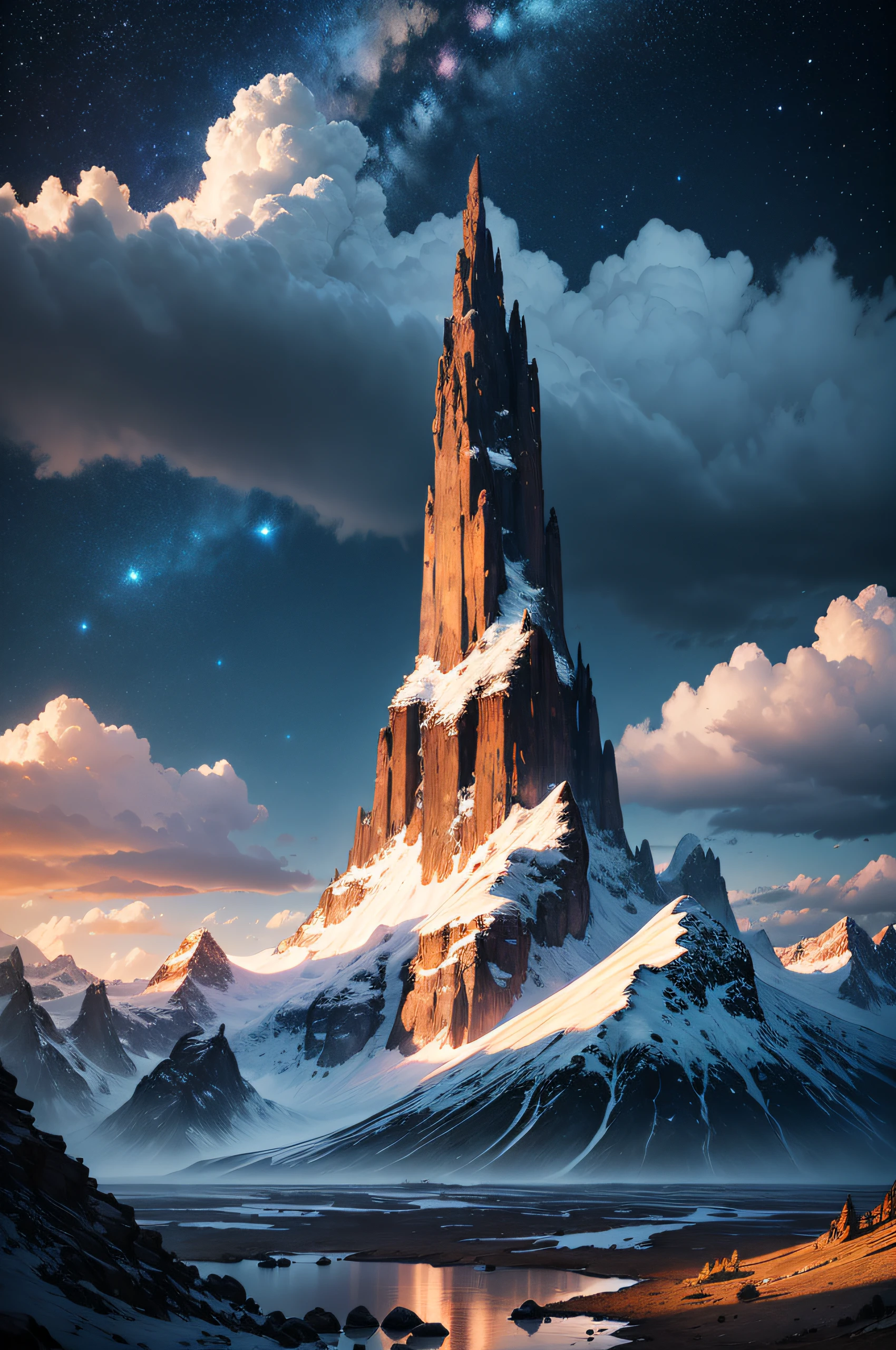 Design an awe-inspiring scene showcasing the untamed wilderness, featuring a towering mountain range bathed in the glow of a breathtaking starry night sky. --auto