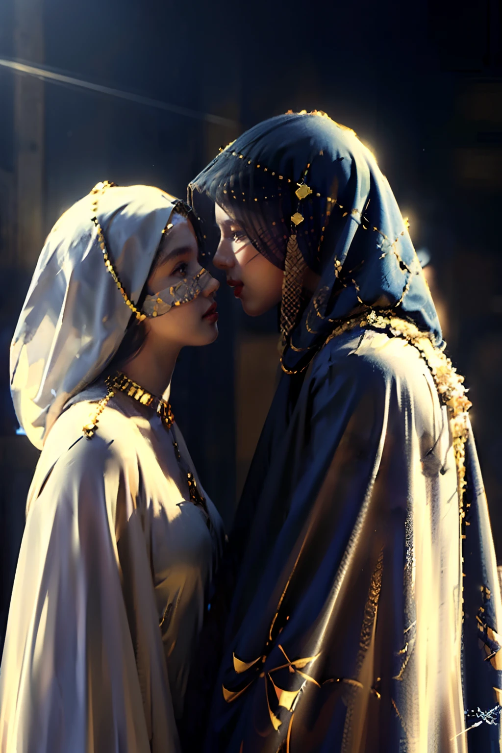 Full body portrait, panorama, modern style, two Arabian beauties in traditional luxury Arabian burqa, luxurious black veil masked, luxurious gold veil masked, both masked faces, hugging, kissing, veil across veil, mouth to mouth, veil meeting veil, in the golden desert, in front of a golden luxury tent, blue sky and white clouds, niqab, hijab burqa, tone mapping, detailed, highly detailed, smooth, sharp focus, beautiful illustration, photograph, backlight, dynamic lighting, fog, complex, film grain, professional, Facing the audience, volumetric lighting, underground scattering, good highlights, good shadows, film