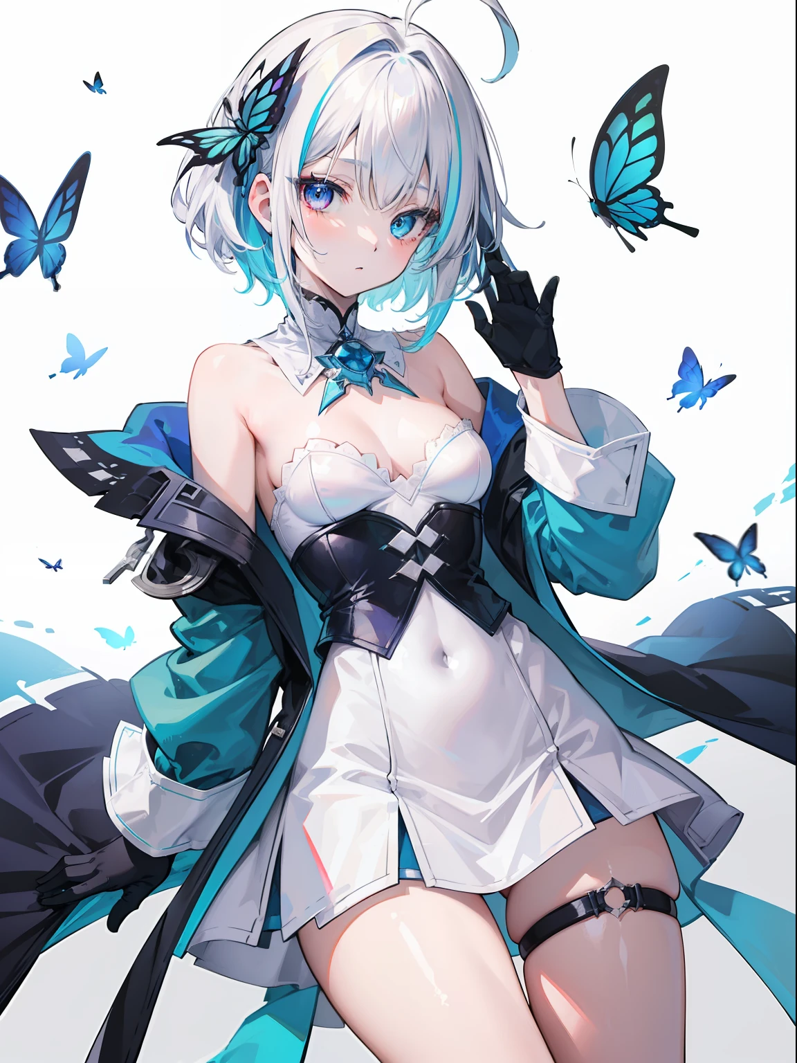 masterpiece, Top quality, Ultra high definition, Maximum resolution, Very detailed, girl, White hair, blue highlights, cyan left eyes, blue right eyes, teenager, lady nobility cloth, costume with blue accents, white shirt, blue jacket, short white pant, medium short hair, solo, heterochromia, wearing gloves, left white gloves, black right gloves, multicolored hair, ahoge, long sleeves, jacket, butterfly, frilled sleeves, mismatched gloves, narvel, thigh straps, small breasts, full portrait of elementalist, mismatched pupils, multicolored eyes, high quality, best quality,