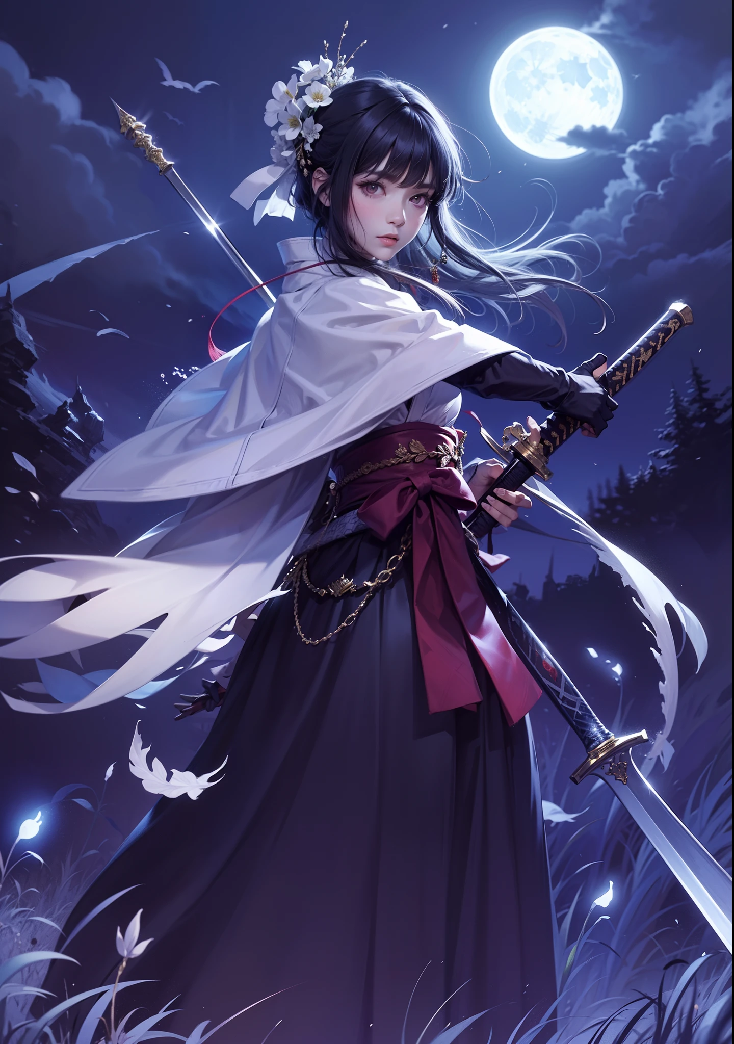 Raw photography、8K、32K、top-quality、超A high resolution、beautiful faces detailed、Real Human Skin、Gentle expression、front-facing view、angle from bellow、length hair、realphoto、realisitic、Dual-wielding female swordsman illuminated by the moonlight of a dark night、combat pose、Red Eyes、Blue eyes、Kimono with white floral pattern、Hakama with black gold decoration、Colossal tits。