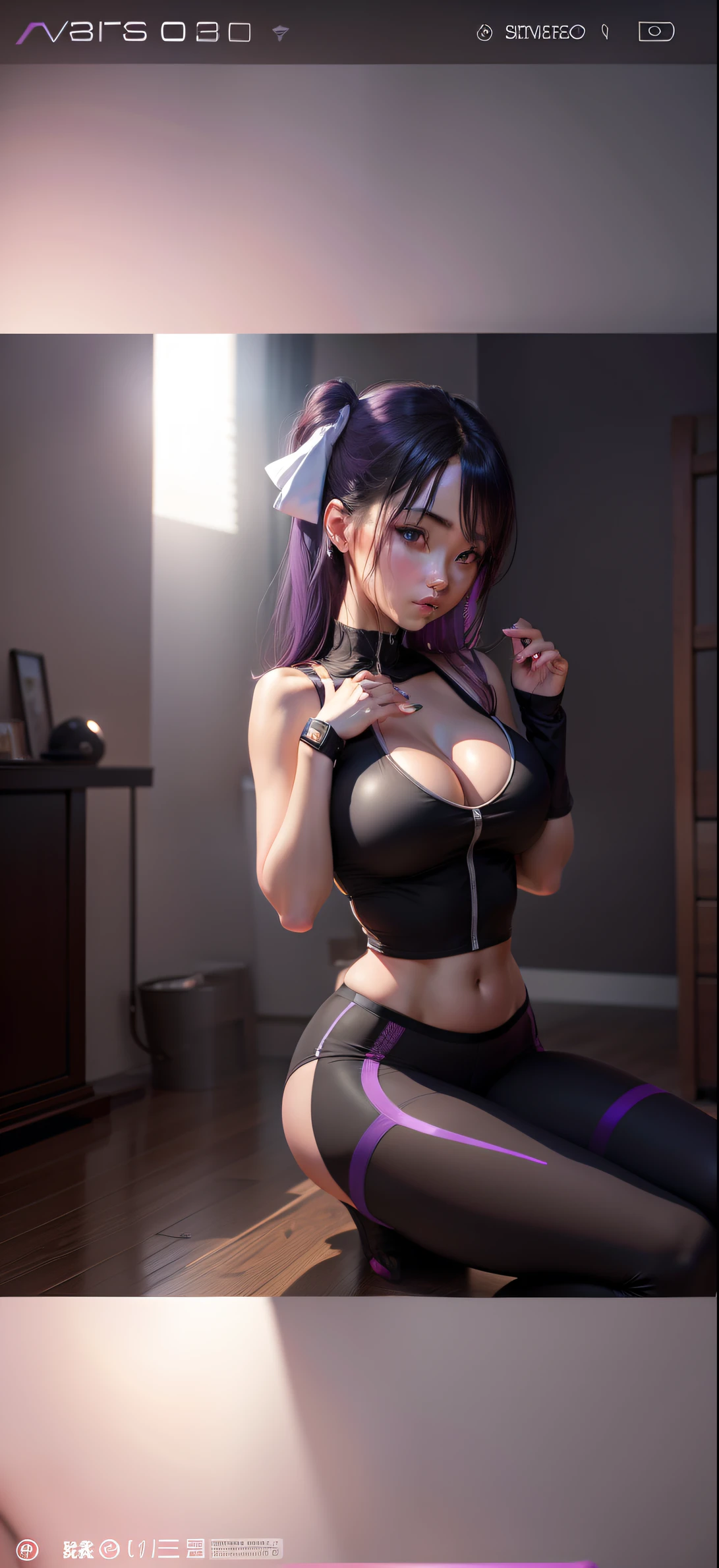 Breasts are larger than the torso，gigantic cleavage breasts，Crazy swollen breasts， Crop top reality， 1girll， whaite hair， Purple eye， glowing light eyes， Crop tops， （boobgasm：1.2）， Yoga pants for， parted lip，， Sagging breasts，Voluptious body，japanaese girl，Sexy lingerie，8K high-quality art。a sexy pose，Sexy look