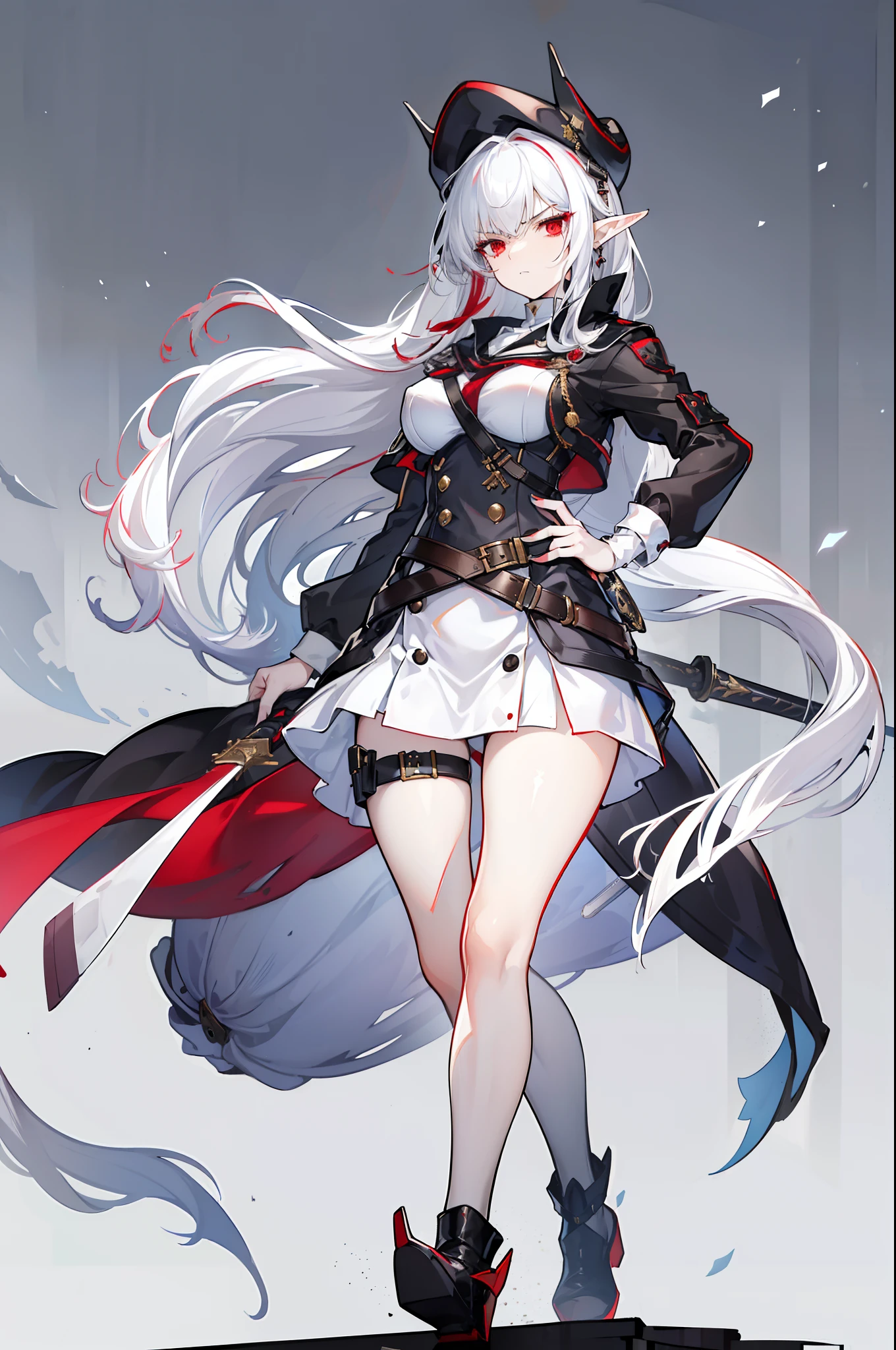 (masterpiece), best quality, expressive eyes, perfect face, sharp eyes, 1girl, solo, medium height, young adult, young woman, big boobs, (long hair, white hair, side locks, bangs, wavy hair), (red eyes, death glare, serious, menacing, leadership aura, glowing eye), average height, medium height, heels, black skirt, white trims on skirt, (black sailor cap, captain's hat, black cap), (black cape, red underside of cape, accessories, medieval, 19th century, black sailor uniform, vintage styled outfits, white middle, red ribbon, (tie, badge, captain, soldier, fleet admiral, pointed ears, elf ears, pointed ear, bangs), (sheathed scabbard, sheathed weapon, scabbard), (belt on waist, belt around waist, strap, belt)