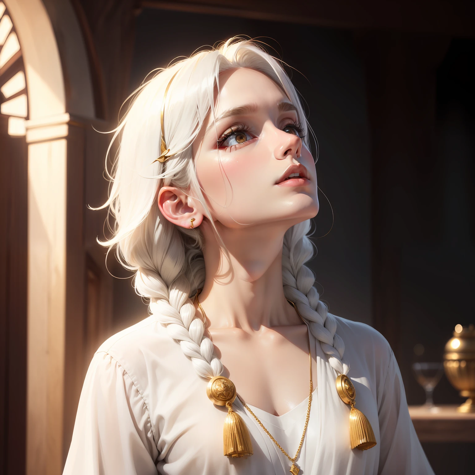 best quality, masterpiece,white hair, gold eyes,white clothes, looking up, upper body,hair strand,Fair skin,side braids