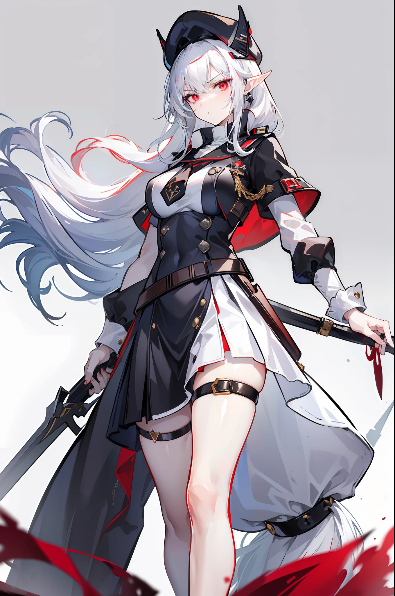 (masterpiece), best quality, expressive eyes, perfect face, sharp eyes, 1girl, solo, medium height, young adult, young woman, big boobs, (long hair, white hair, side locks, bangs, wavy hair), (red eyes, death glare, serious, menacing, leadership aura, glowing eye), average height, medium height, heels, black skirt, white trims on skirt, (black sailor cap, captain's hat, black cap), (black cape, red underside of cape, accessories, medieval, 19th century, black sailor uniform, vintage styled outfits, white middle, red ribbon, (tie, badge, captain, soldier, fleet admiral, pointed ears, elf ears, pointed ear, bangs), (sheathed scabbard, sheathed weapon, scabbard), (belt on waist, belt around waist, strap, belt)