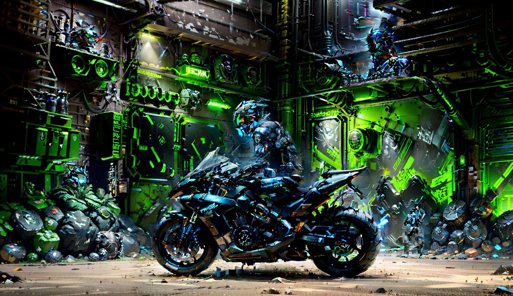 Cyberpunk environment,of a guy,A humanoid robot man made of a sci-fi metal panel wearing a tech costume,Wearing a high-tech helmet,Black metallic painted motorcycle,Silver metal helmet,hard surface concept art,rendering by octane,ultra - detailed,artstation, zbrush, cgsociety, 8