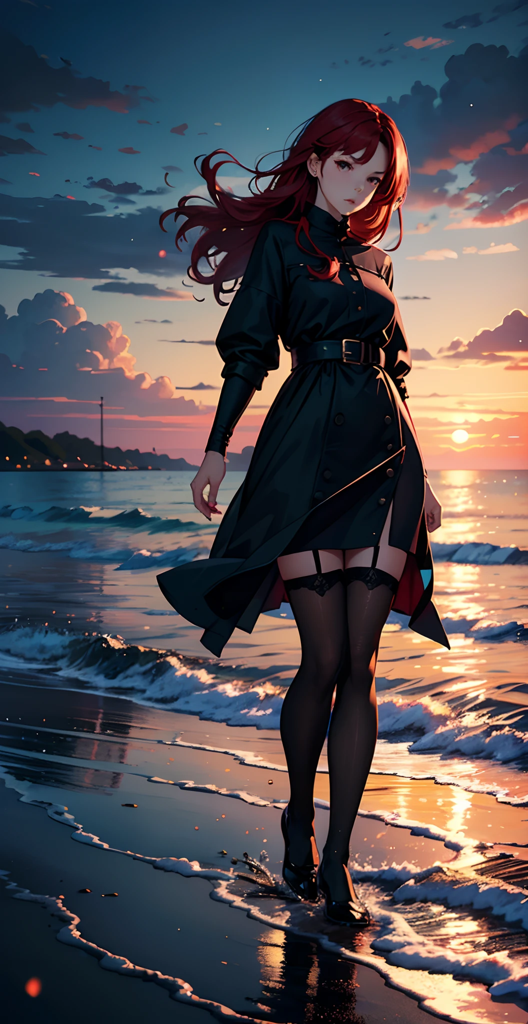 A woman with red hair, Long legs wearing black stockings, The expression is sweet, standing on the sea side, 比基尼, Surrealism, cinematic lighting, motion blur, masterpiece, best quality, 8k, super detail, highres