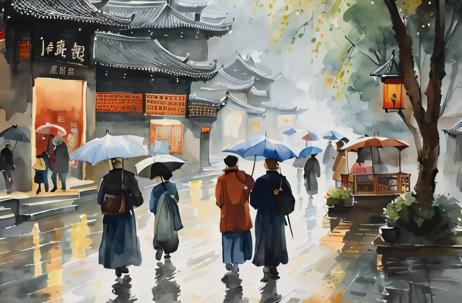 Painters walking in the rain with umbrellas in the rain, Chinese watercolor style, Traditional Chinese watercolor, Chinese watercolor, Chinese style painting, traditional painting, Watercolor painting style, watercolor paiting, Chinese painting style, Chinese ink painting, Traditional Chinese Ink Painting, detailed watercolour, Traditional Chinese art, author:Qu Leilei, chinese water color, Chinese art, author:Gong Xian