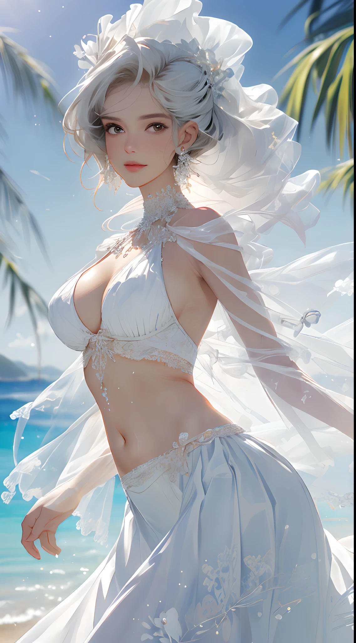 ((top-quality,photorealestic,Realistic 8K, tmasterpiece: 1.3)), Telescopic shot: 1.4,Delicate, (( perfect bodies)),((Bigchest)),Beach in the background,White swim skirt: 1.1, Highly Detailed Face and Skin Textur,, Whitens the skin, ((cabelos preto e longos)), Smile back,((early evening))