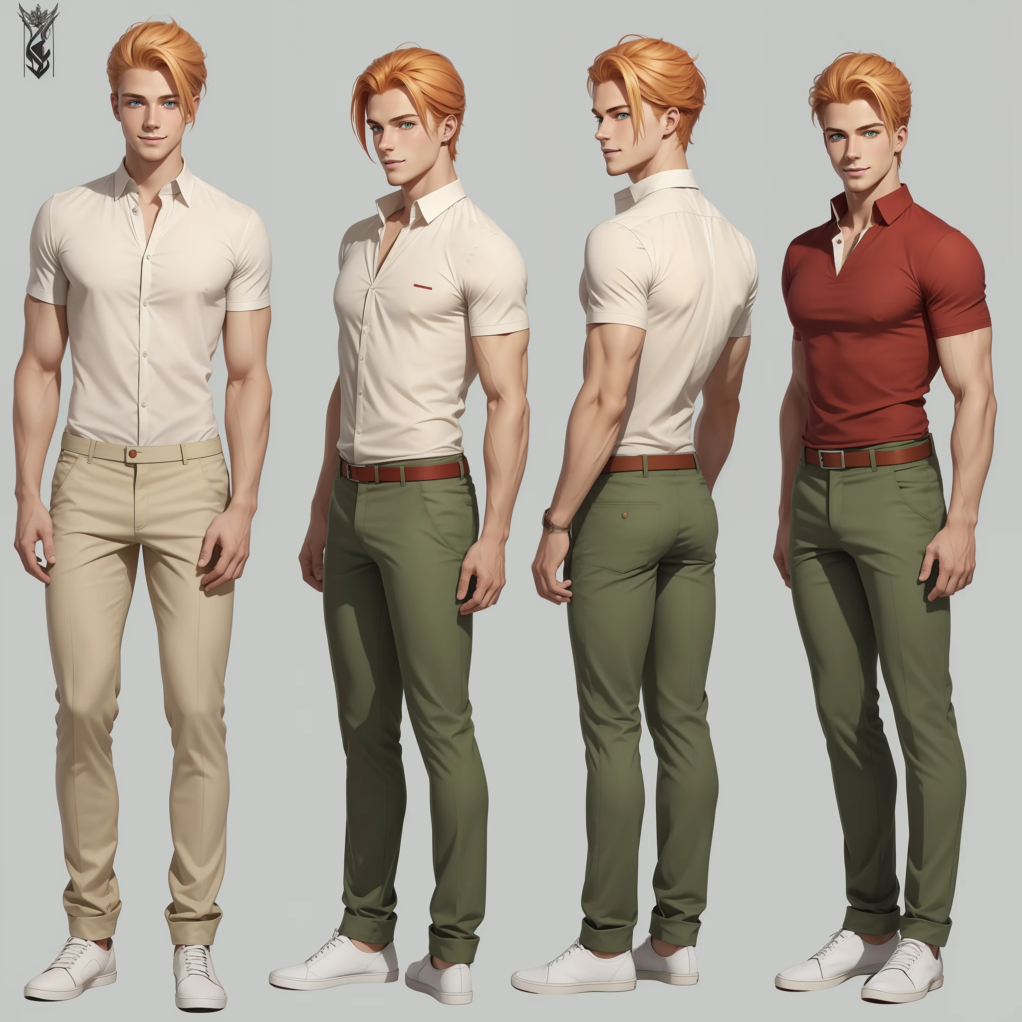 Character design sheet, same character, on front, from on the side, At the back. Young European guy 23 years old. blonde red hair. Light green eyes. shirt and trousers. Humble smile