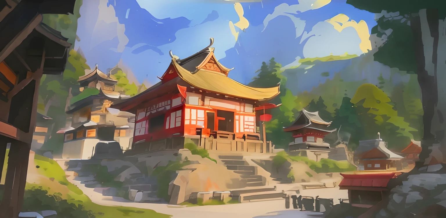 Japanese temple painting with mountains as a background, digital painting of a pagoda, painted as a game concept art, concept art style, traditional japanese concept art, Stylized concept art, G Liulian art style, Anime landscape concept art, dojo on a mountain, drawn in anime painter studio, painterly concept art, digital painting concept art