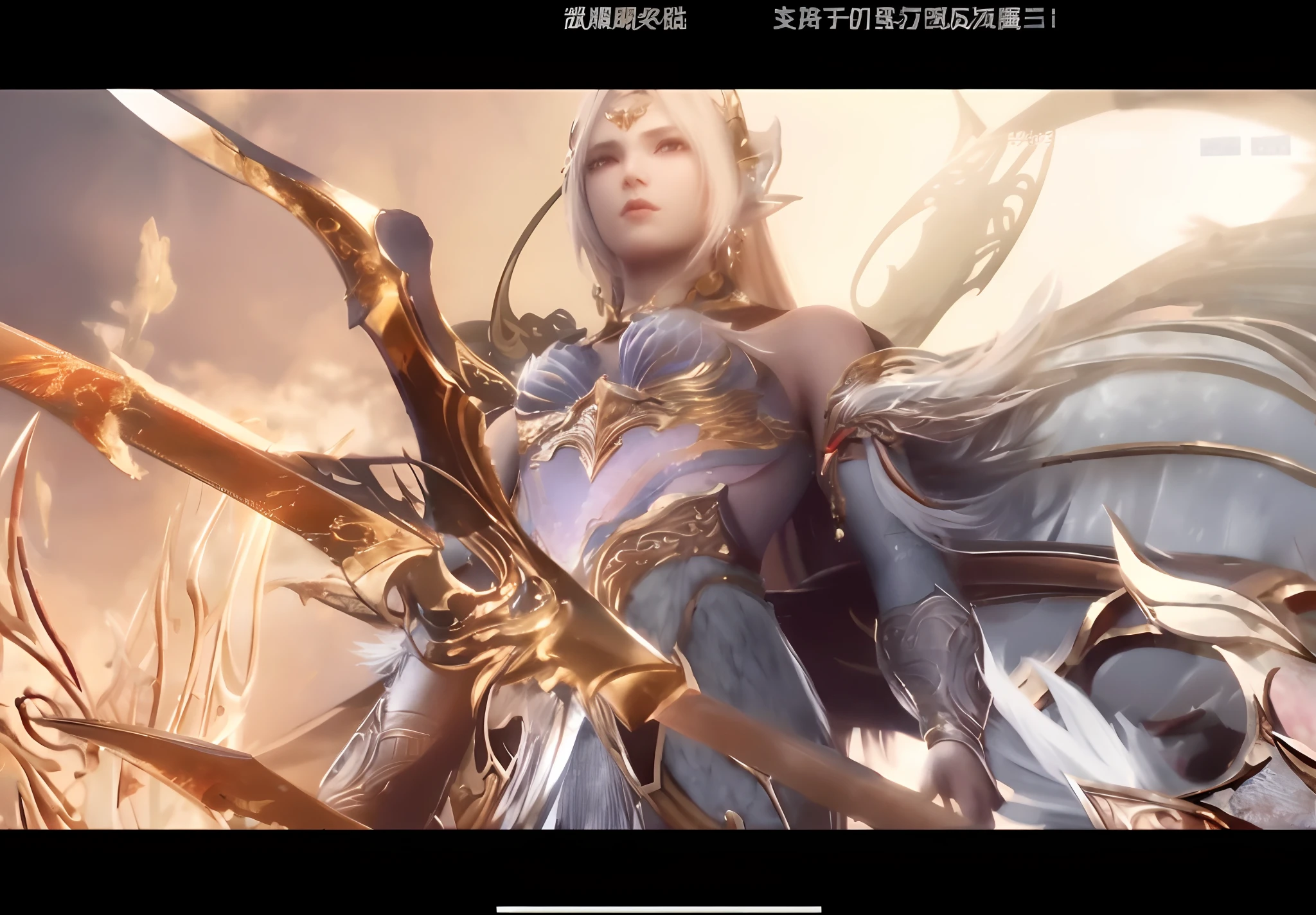 Alphad image of a female warrior with a sword and bow，Full of lineage 2 revolutionary style，Inspired by the Bloodlines 2 Shadowbringer movie，The CG of the game that shows the fantasy of fairy tales，A trend that has caused a lot of buzz on CGSTATION，Combines the image of the fairy hero with the G Liu Lian artistic style of Ruan Jia and artgerm，Carefully created by Yang J，Illustration with dragons and Aion as the background。