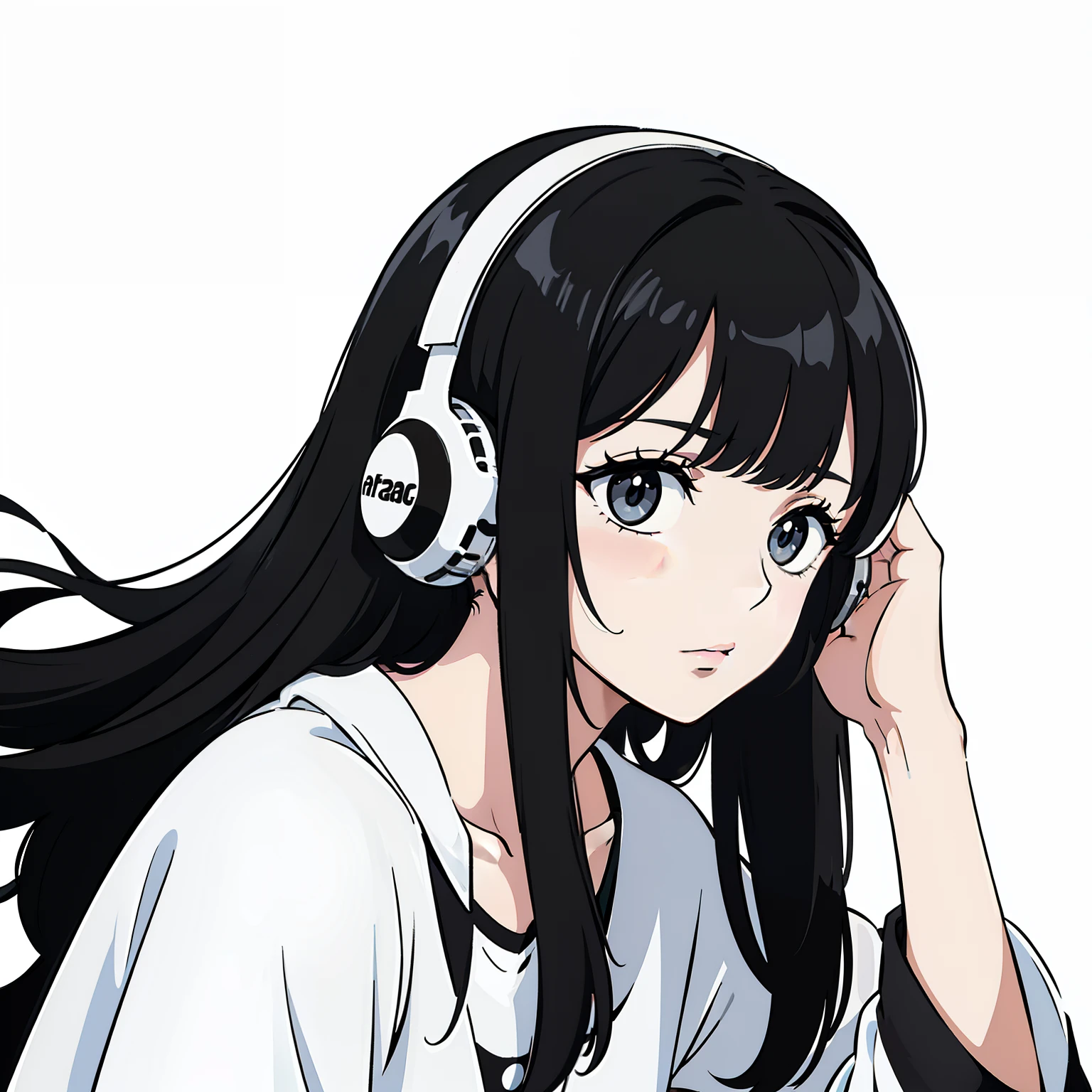 Nonchalant expression, black and white, disheveled fringe, medium messy hair, alluring look, black and white,Black and white painting,White background,Side Face,Over-ear headphones, large ear cups,relaxed browsEyes closed peacefully,Hand resting on head, fingers touching hair