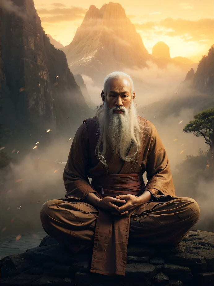 Alphad man sitting on a rock in front of a mountain, monk meditation, Zen meditation, Taoist master, ancient japanese monk, Buddhist monk meditation, holy man looking at ground, Taoist, Daoism, zen aesthetic, portrait of monk, Taoism, powerful zen composition, Meditating, chi-gong, zen méditation cyberpunk