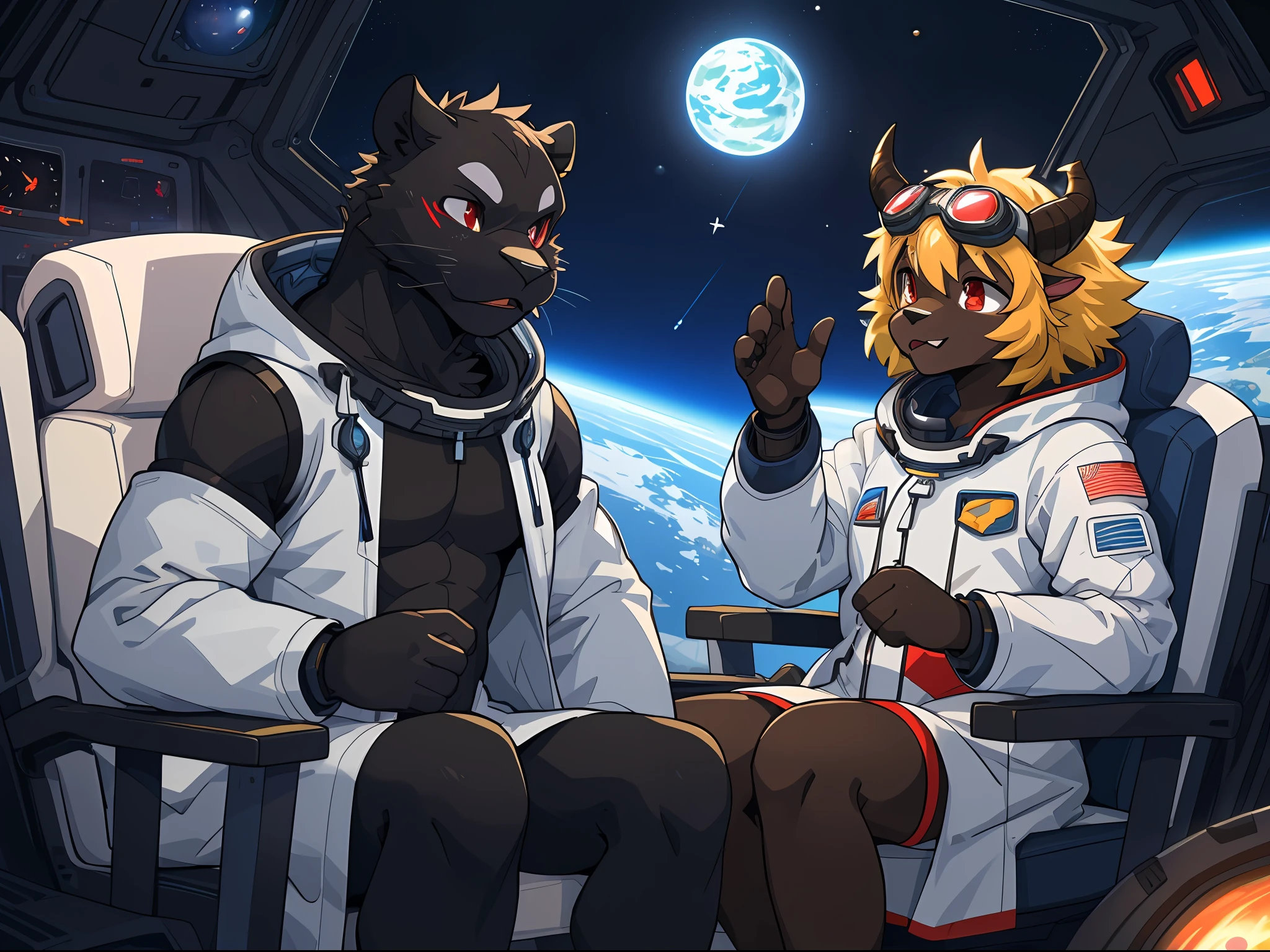 trending on pixiv, (masterpiece), (anime), (male_only) (furry), (couple picture), (2characters: a {black fur panther with red eyes dressed as a cybernetic astronaut}, a {skinny space scientist professor: multi coloured skinny sheep with demon horns and dressed with a white coat and goggles.}), sitting in a spacious spaceship's cockpit, (small build), (tail), (visible fur paws), (backlit), stars and planets in the background, EasyPositive