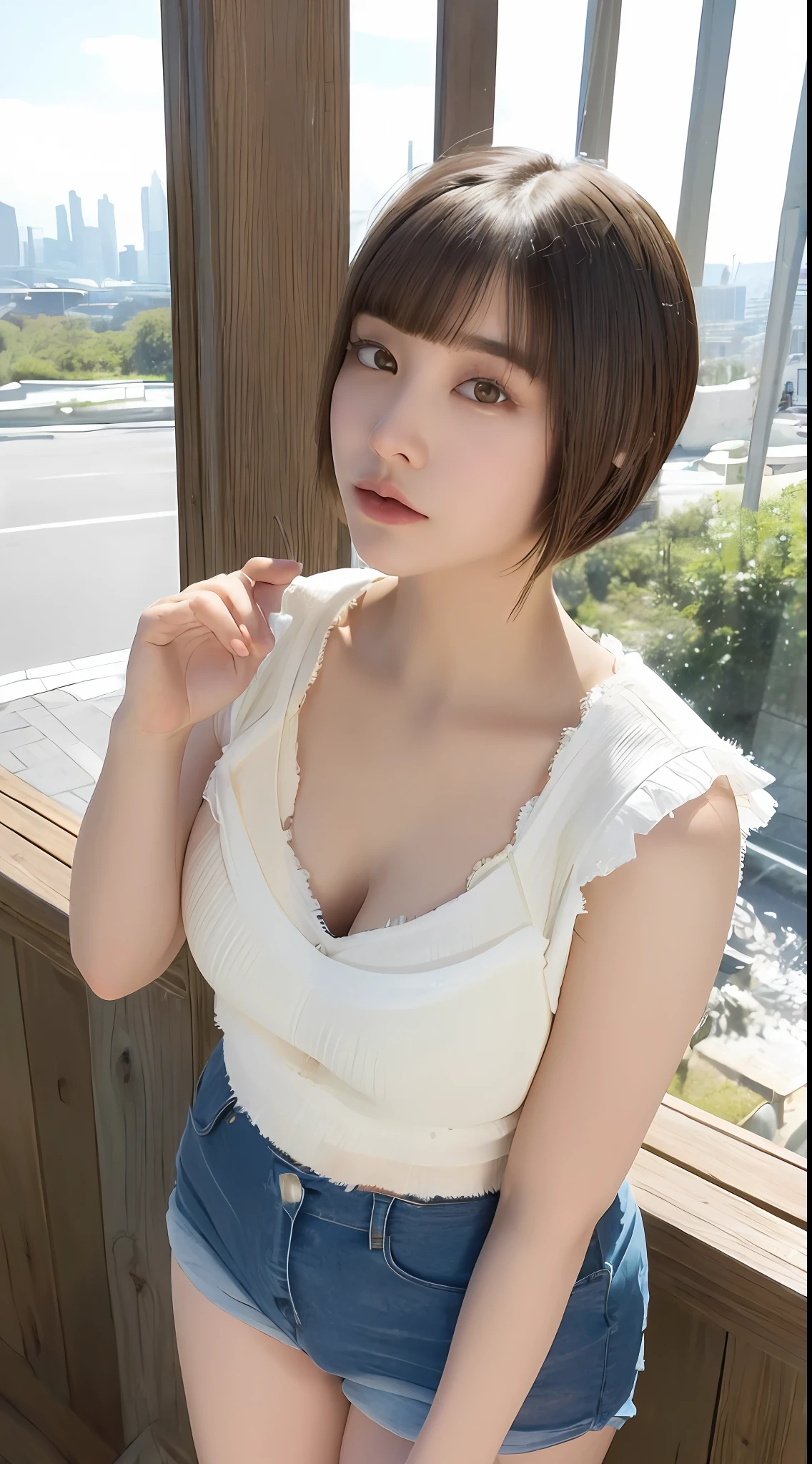 ((top-quality、8K、​masterpiece:1.3))、Detail Women:1.3、(Medium short hair、Colossal tits:1.6)、Camisole with a small area、Clothes that emphasize the chest very much、Clothes with wide open cleavage、Short clothes、lightly dressed、ultra -detail、the detail、eyelid、summer vacation、Cafe Date