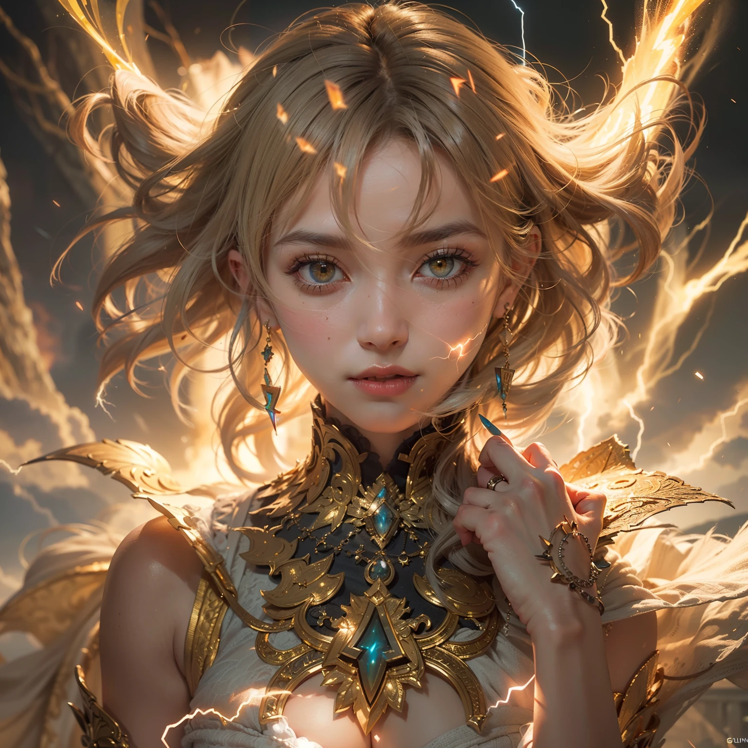 (number々Award-winning masterpieces of, with incredible detail, textures and maximum detail), (Hyper realistic:1.4), (Realistic:1.3), (Top quality real texture skins), (Fine true circle symmetrical eyes), finerly detailed face, ((medieval world)), ((The Demon of the Lord's Thunder)), ((The Lord's Lightning Devil)), (Burning a bright golden expression in the eyes), (She has a mischievous smile on her face), (Golden eyes glowing in the dark:1.5), (A pair of golden eyes emitting a strong golden light from the inside:1.5), Bioluminescence, (full-body standing image:1.5), (gives full-body standing image:1.4), (Lightning swirling and strong wind in the background), (Dramatic light), (A majestic sight), (Her countenance is gentle and beautiful, however、Somehow horrible), Glass earrings on the ears, (dramatic photography:1.4), (Seduction poses), ((dramatic pose)), (flamboyant photo), (Golden hair), (Silver hair), (Chestnut hair), short cut hair, ((looks up)), ((Looking down)), (Around her neck is a simple necklace of exquisite workmanship), (Bioluminescence with brilliant brilliance:1.1), (Use fancy lightning magic:1.4), (Swirling thunder and lightning), The Great Temple of the Devil, The Devil's Grand Shrine, great temple, great cathedral, temple ruins, detached temple, (Luminous magic circle), Ruins of an ancient castle, Shining majestic cloud masses and sky, lightning bolt, Epic Realistic, Faded, Art Book, (Greg Rutkowski:0.8), (teal and orange:0.4), (Art Station:1.5), Cinematic, ((Neutral colors)), (nffsw:1.5), (Muted colors:1.2), Hyper Detailed, Dramatic light, (Intricate details:1.1), Complex background,