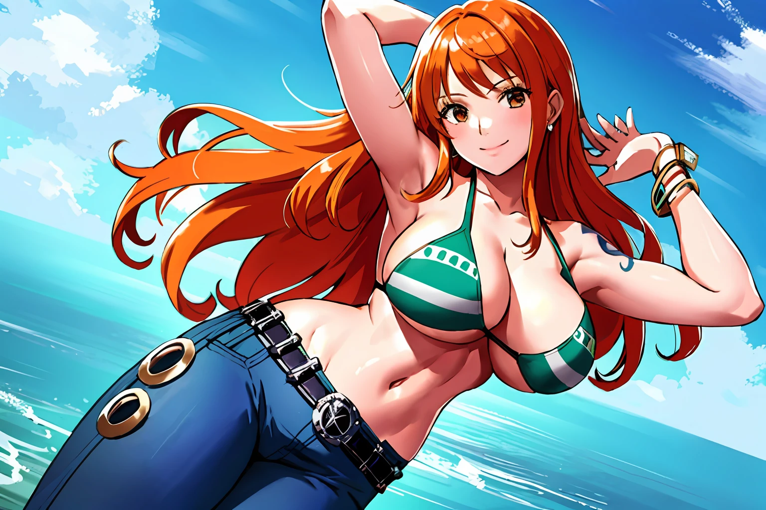 detailed background, masterpiece, nip slip, best quality, 1girl, solo, nami \(one piece\), 1girl, bangle, hands out of frame, detailed arms, strong arms, muscular body, flex muscles, seductive, bangs, bare shoulders, belt, bikini, bikini top only, blue sky, bracelet, breasts, brown eyes, bubble, cleavage, cloud, cowboy shot, day, denim, earrings, floating hair, green belt, green bikini, groin, jeans, jewelry, large breasts, log pose, long hair, looking at viewer, navel, orange hair, pants, shoulder tattoo, sidelocks, sky, smile, solo, laying on the floor, posing, stomach, swimsuit, tattoo