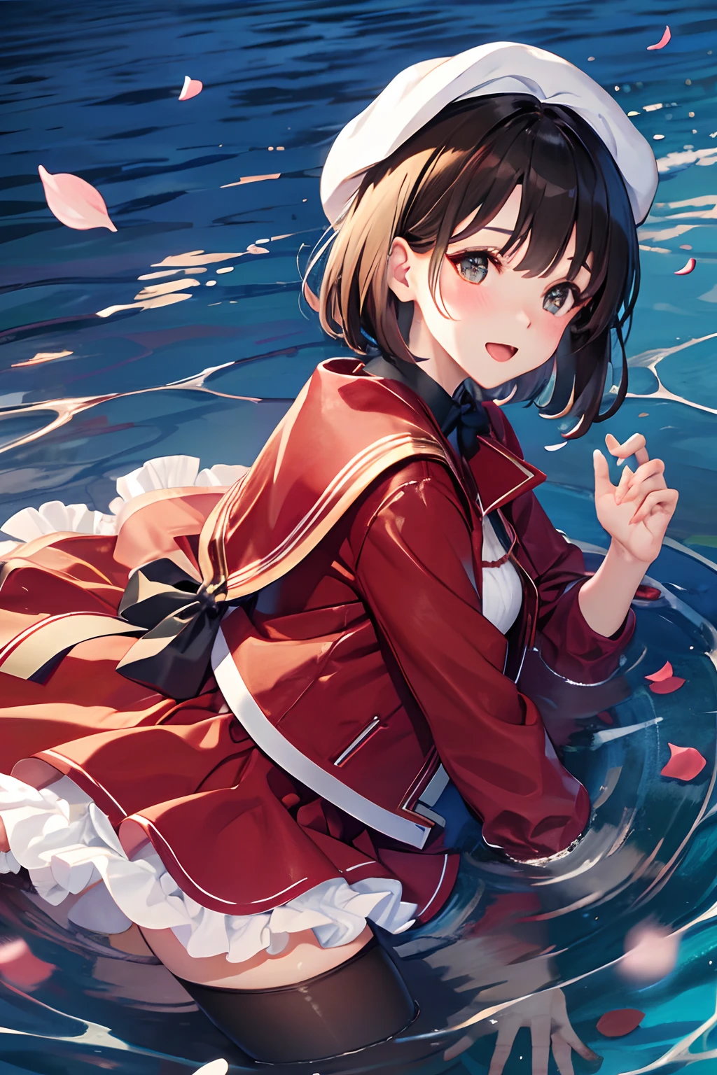 (masterpiece:1.6, best quality), (finely detailed beautiful eyes: 1.2), ph_katou, katouhdlong, solo, brown hair, hat, thighhighs, short hair, brown eyes, hat removed, dress, headwear removed, white thighhighs, white dress, holding hat, frilled thighhighs, bangs, open mouth, frills, red jacket, jacket, zettai ryouiki, petals, ribbon, holding, white headwear, blush
, lying on water, ocean, bay, (full body),