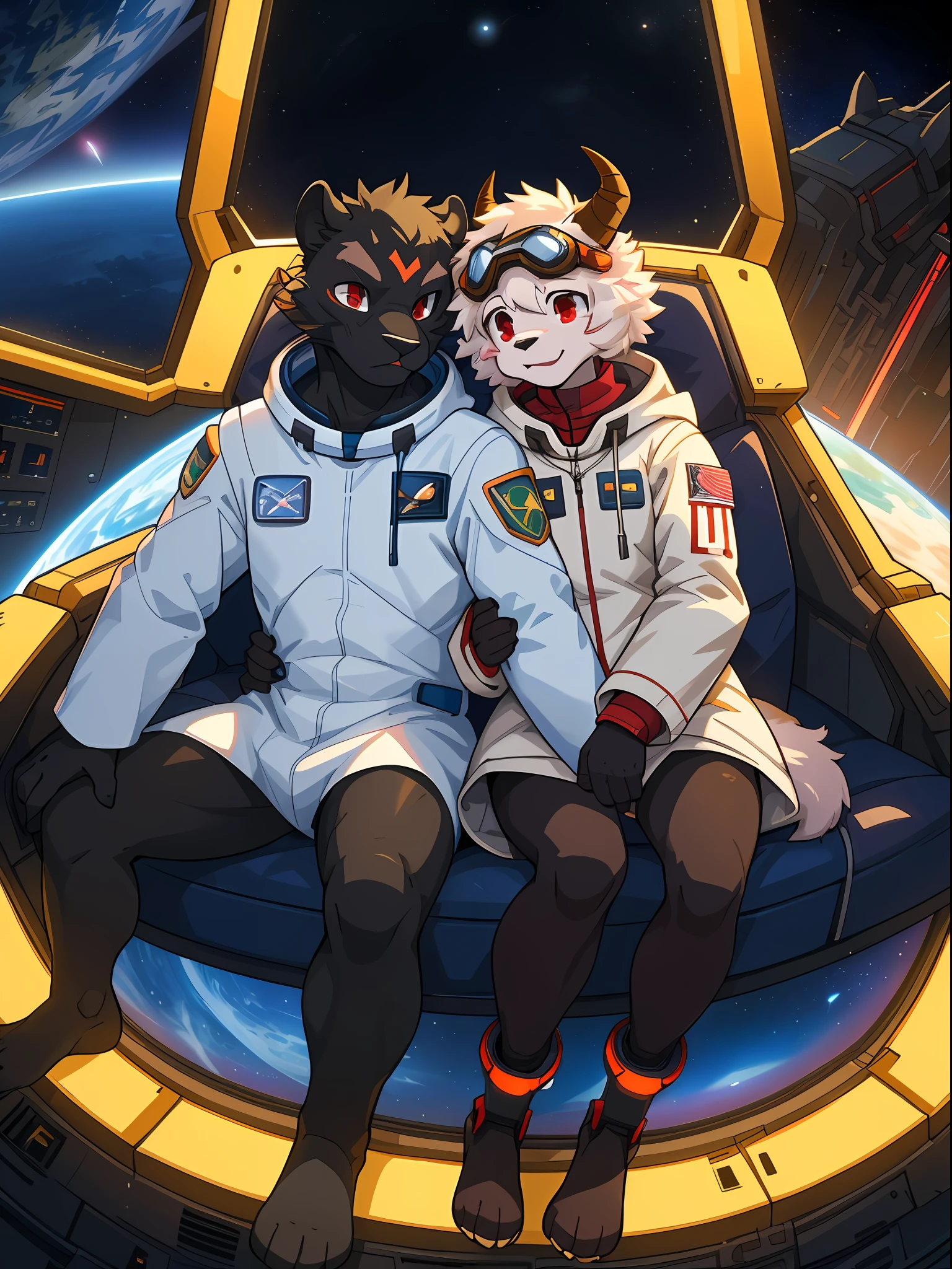 trending on pixiv, (masterpiece), (anime), (male_only) (furry), (couple picture), (2characters: a {black fur panther with red eyes dressed as a cybernetic astronaut}, a {skinny space scientist professor: multi coloured skinny sheep with demon horns and dressed with a white coat and goggles.}), sitting in a spacious spaceship's cockpit, (small build), (tail), (visible fur paws), (backlit), stars and planets in the background, EasyPositive