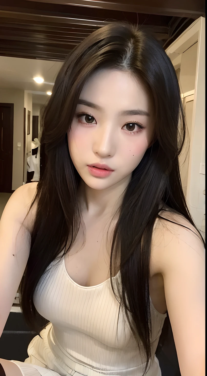 ((Best quality, 8K, Masterpiece :1.3)),Beautuful Women，Hide your face，2 girls，big breasts beautiful：1.3，Slender abs：1.1，white stockings，，cabelos preto e longos，（sit on a bed），Super detailed face，Highly detailed lips，A detailed eye，Double eyelids are clearly focused :1.2, perfect figure beautiful woman:1.4, Slim abs:1.2, ((Layered Hair Style:1.2)), (Tank top shirt:1.1 ), (hallways:1.2), Highly detailed facial and skin texture, A detailed eye, 二重まぶた