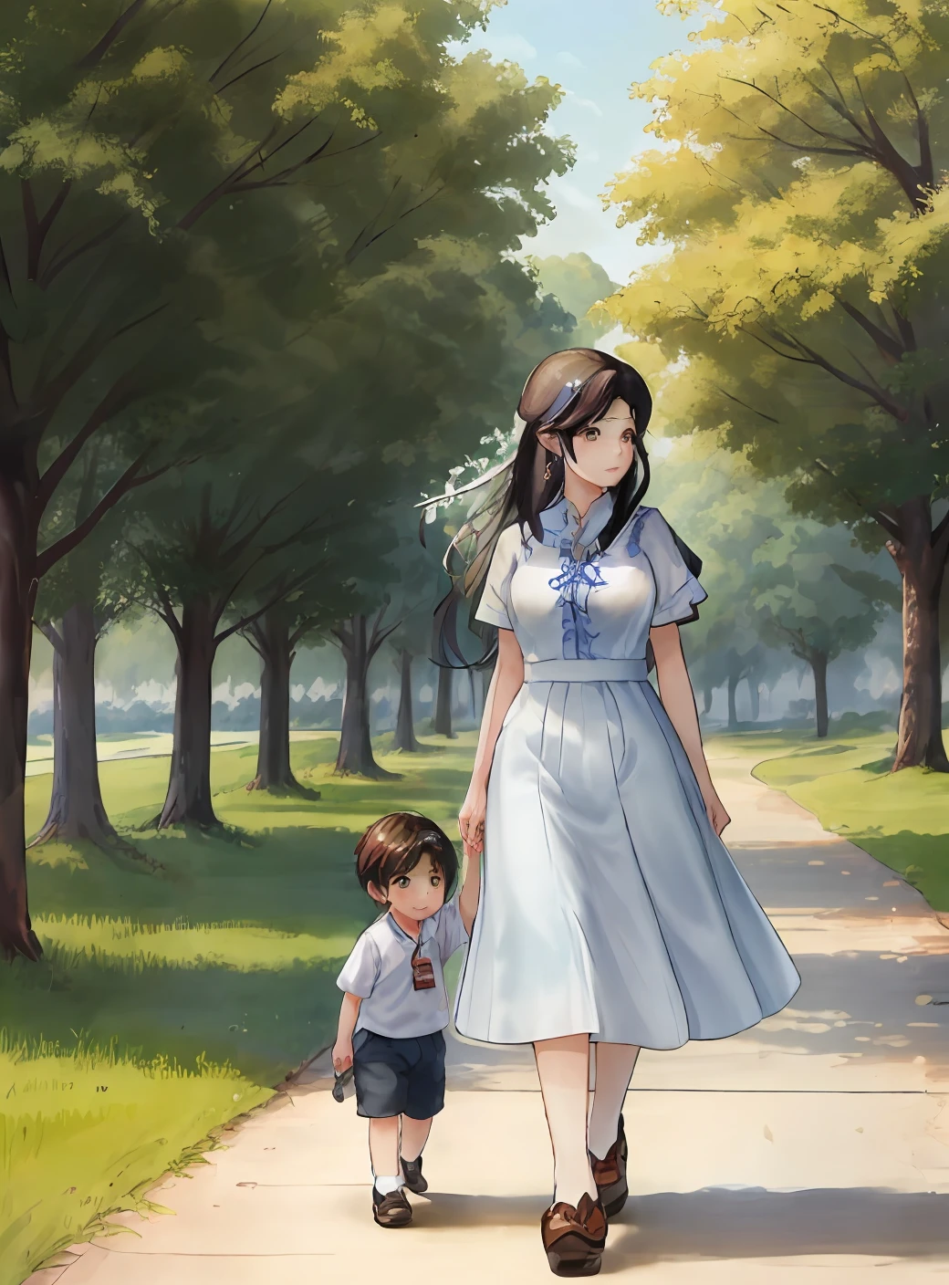 Picture of a woman and a child, walking along the path, inspired by Yeong-Hao Han, [ oil painting ]!!, Kim Myung-guk, based on Liu Jun, yanjun chengt, full body portrait painting, Summer afternoon, Inspired by Mark Keatley, Yong-Hao Han, John Park, Andy Park