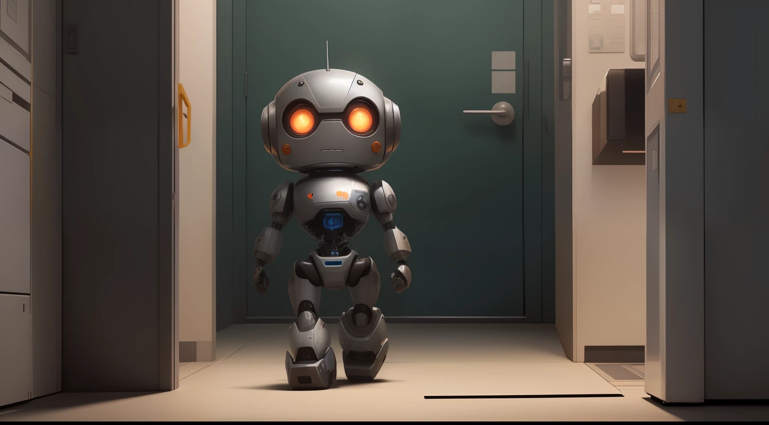 The cute little robot walked out of the laboratory room, opening the laboratory door