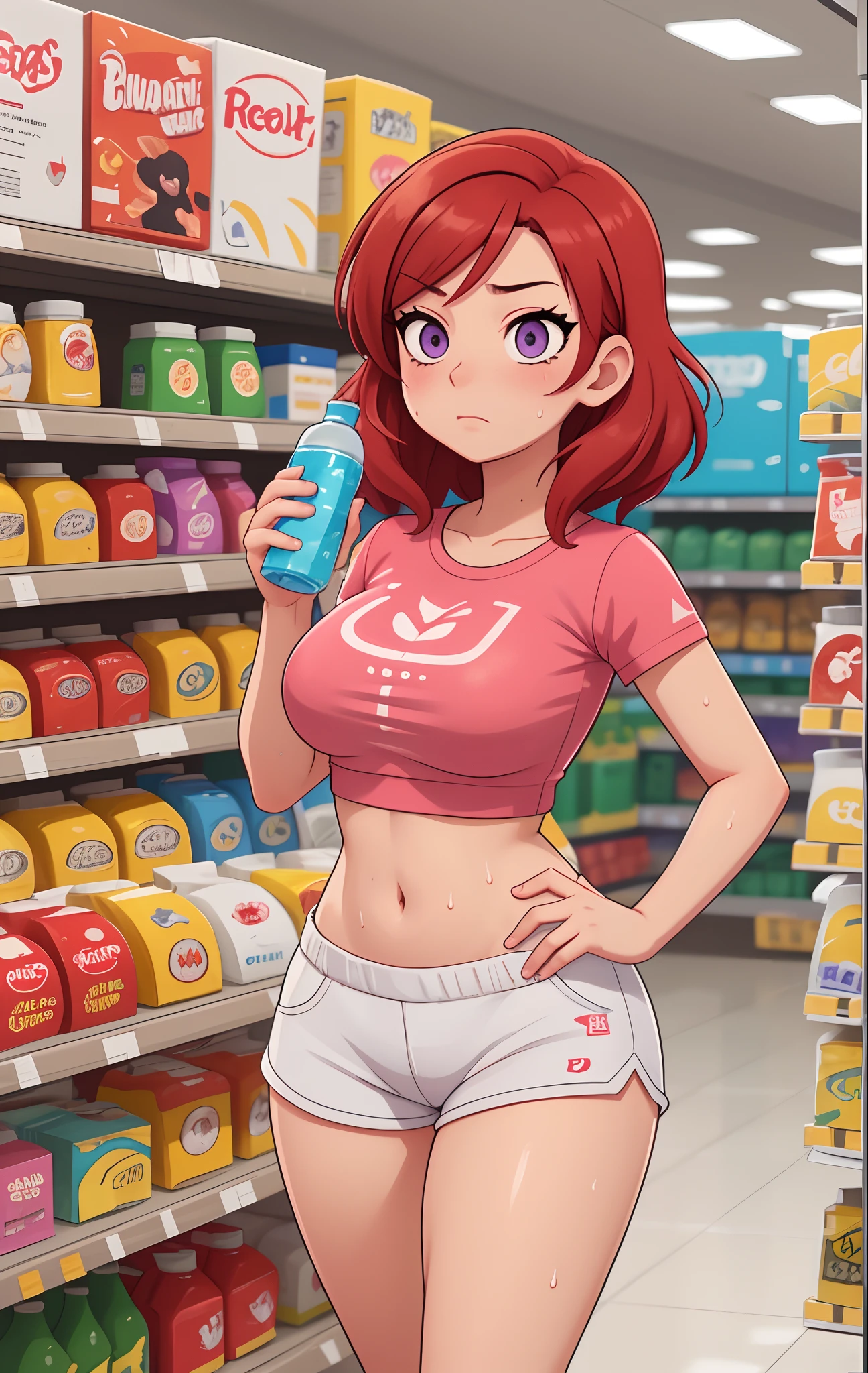 Nishikino maki, purple eyes,red hair,pink Crop top, white tight shorts,soaked in sweat,sweaty,  heavy breathing,red face,blunt hair,curvy body, standing in supermarket and holding water bottle