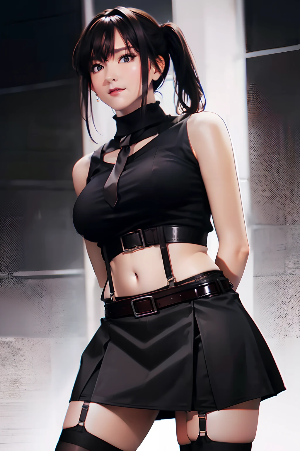 a belt suspenders Black miniskirt neck tie Black tank top Black stockings Brown hair poneyTail Gray eyes holster bobby Garter belt on the legs Brown hair Painful face piece large full breasts Fold your hands behind your back Stomach