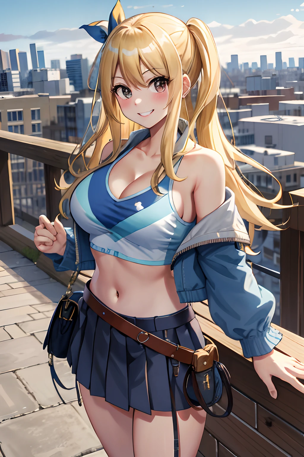 masterpiece, best quality, highres, lucy heartfilia, blonde hair, long hair, large breasts, jacket, crop top, bare shoulder, show stomach, belt, pleated skirt, cowboy shot, standing, looking at viewer, city road, outdoor, modern city road, blush, shy, smile, show teeth, stocking,