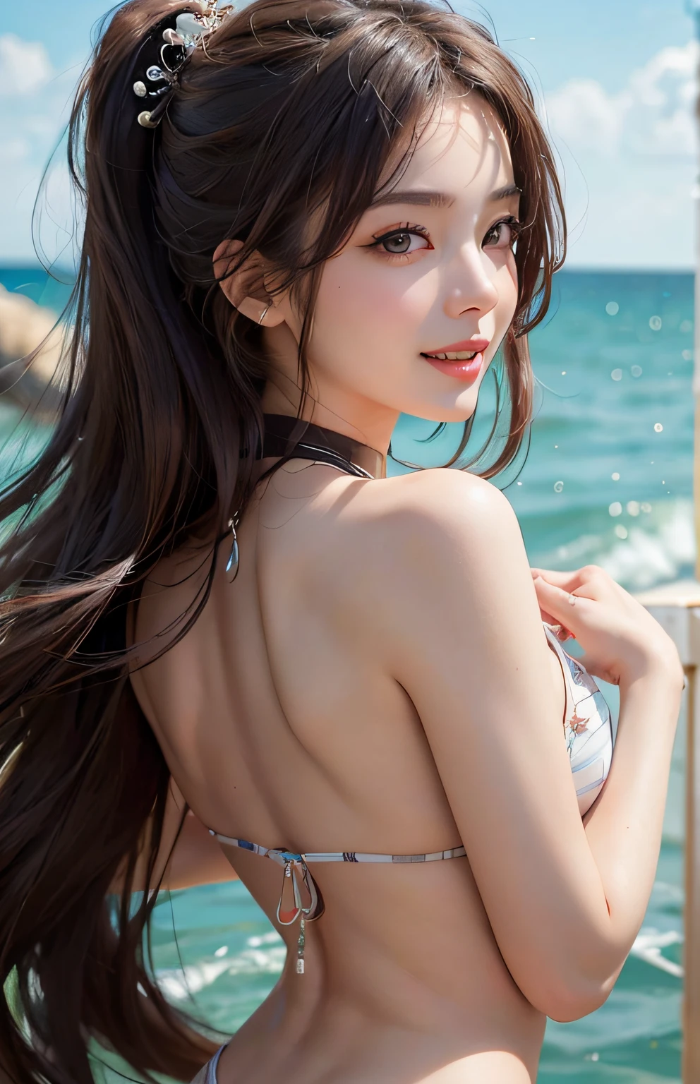 (A hyper-realistic)、(illustratio)、(hight resolution)、(8k picture)、(ighly detailed)、(Best Illustration)、(beautifully detailed eyes)、(top-quality)、(ultra-detailliert)、(masterpiece)、(wall-paper)、(A detailed face)、1 girl in、Viewer's Perspective、full body Esbian、fine detailed、A detailed face、lowkey、pureerosfaceace_v1、Dark eyeliner、bangss、(top-quality、32k images、masterpiece)、beautiful and long hair of brown color、poneyTail、large full breasts、Brown eyes、a necklace、耳Nipple Ring、Detailed and intricate bikini、constricted hips、skinny thigh、Happy smiling face、Beautiful teeth alignment、beautiful ocean、White sandy beach、noble、elegent、hair adornments、from the rear、Backshots、s ass