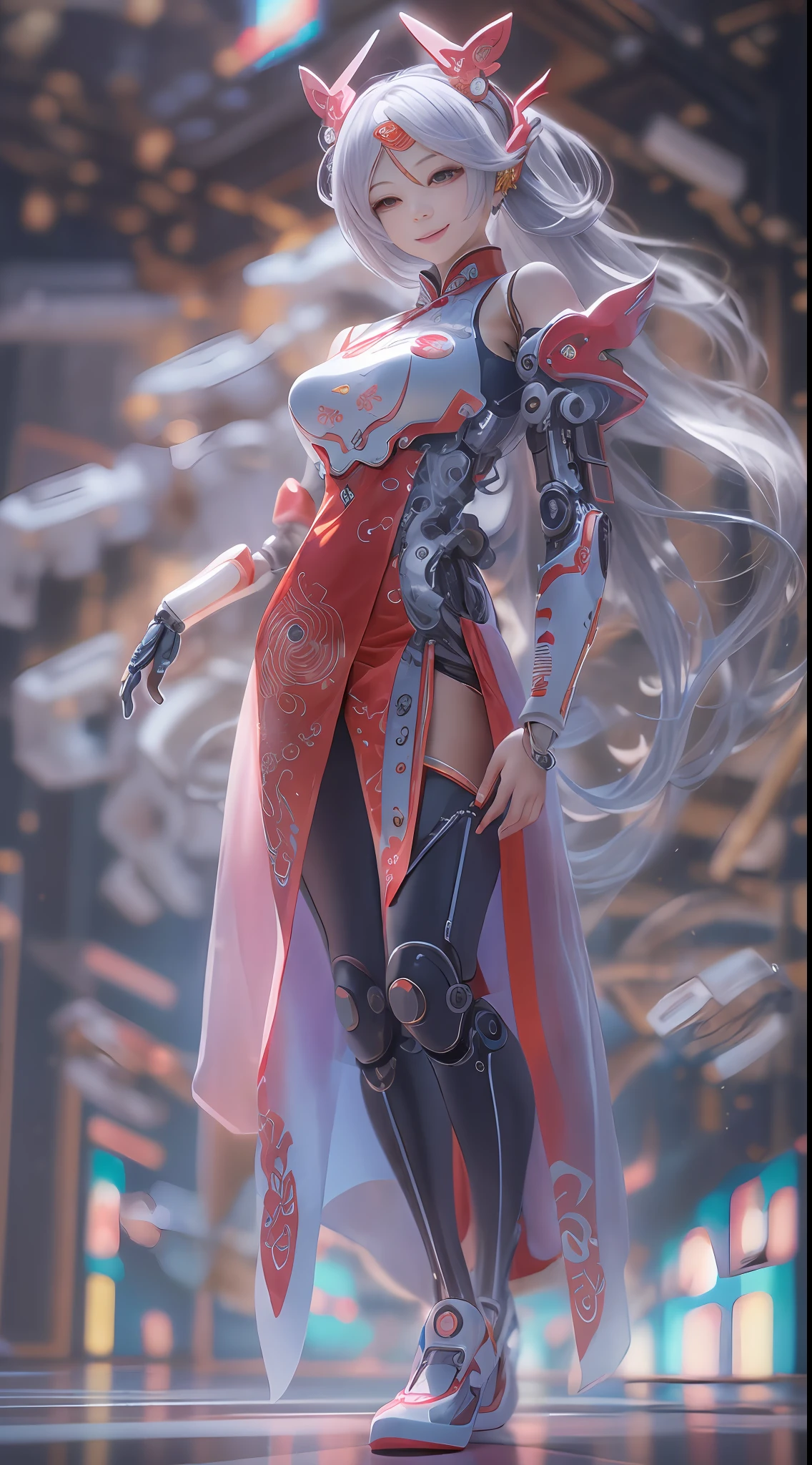(full-body shot:1.4), Space Art, 1 Cheongsam woman,Standing posture,Transparent robotic arm,Transparent mechanical eye mask, Slender figure,perfectly proportions,Delicate hair accessories, smile,Transparent mechanical shoes, Oriental elements, (Soft Lighting, Bokeh),high quality,4K,3D