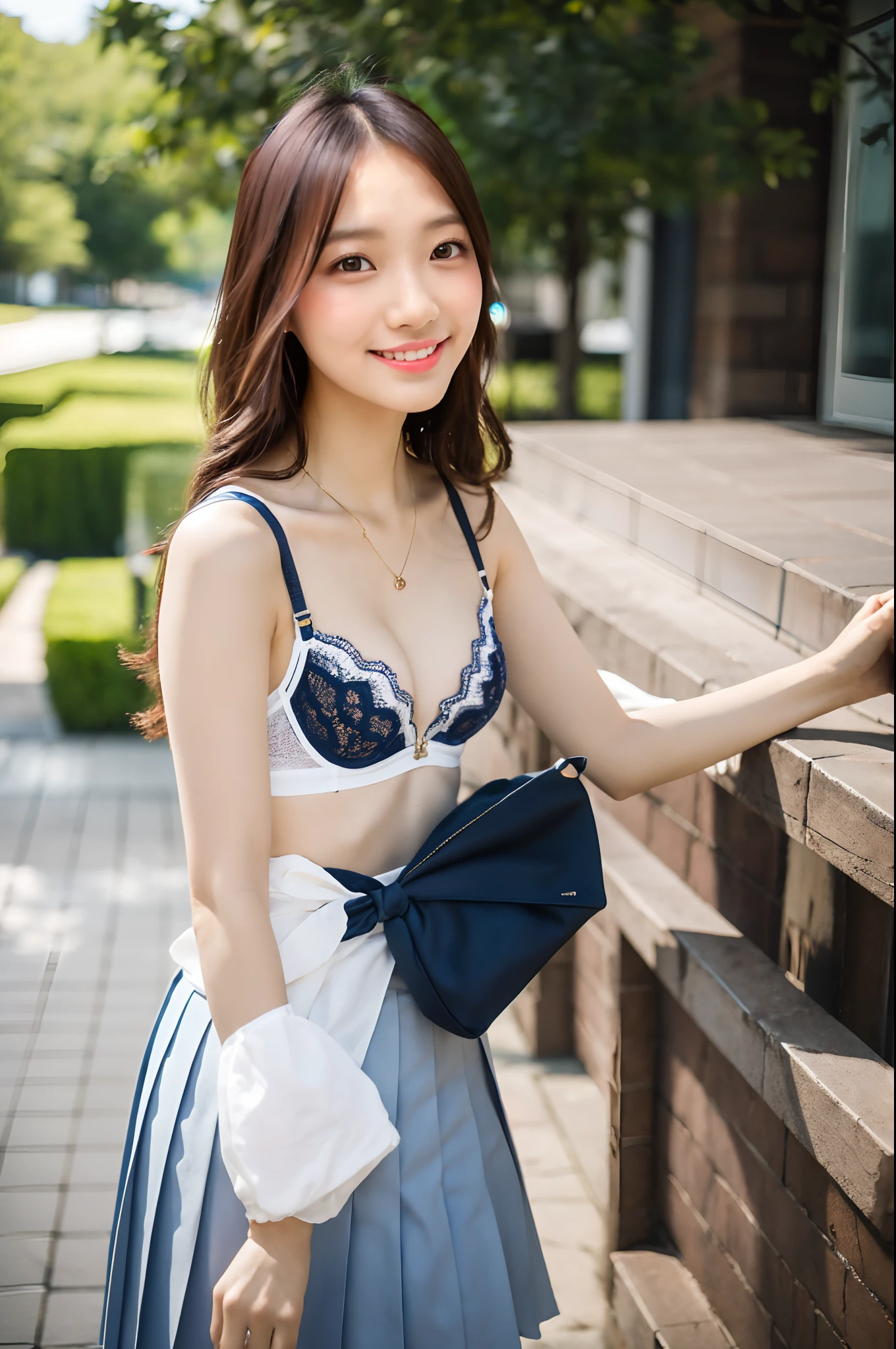4K, LDR, best quality, masterpiece, high detail, super high resolution, digital photography, bangs, film lighting, (Fujifilm color:1.2) portrait, wide angle view, professional, (photography: 1.2), (dynamic pose: 1.1), (close up), 1 girl, solo, slightly smiling, delicate face, medium breasts, wide hips, classic wavy long hair, (FSB:1.4), (Frosuke: 1.4), white shirt, ((BREAK black bra)),bow, navy blue pleated skirt, school uniform, school bag, short sleeves, bangs, outdoor, sky, collared shirt, collarbone, blurred background, look to the side, sky, dress shirt, blue sky, clouds
