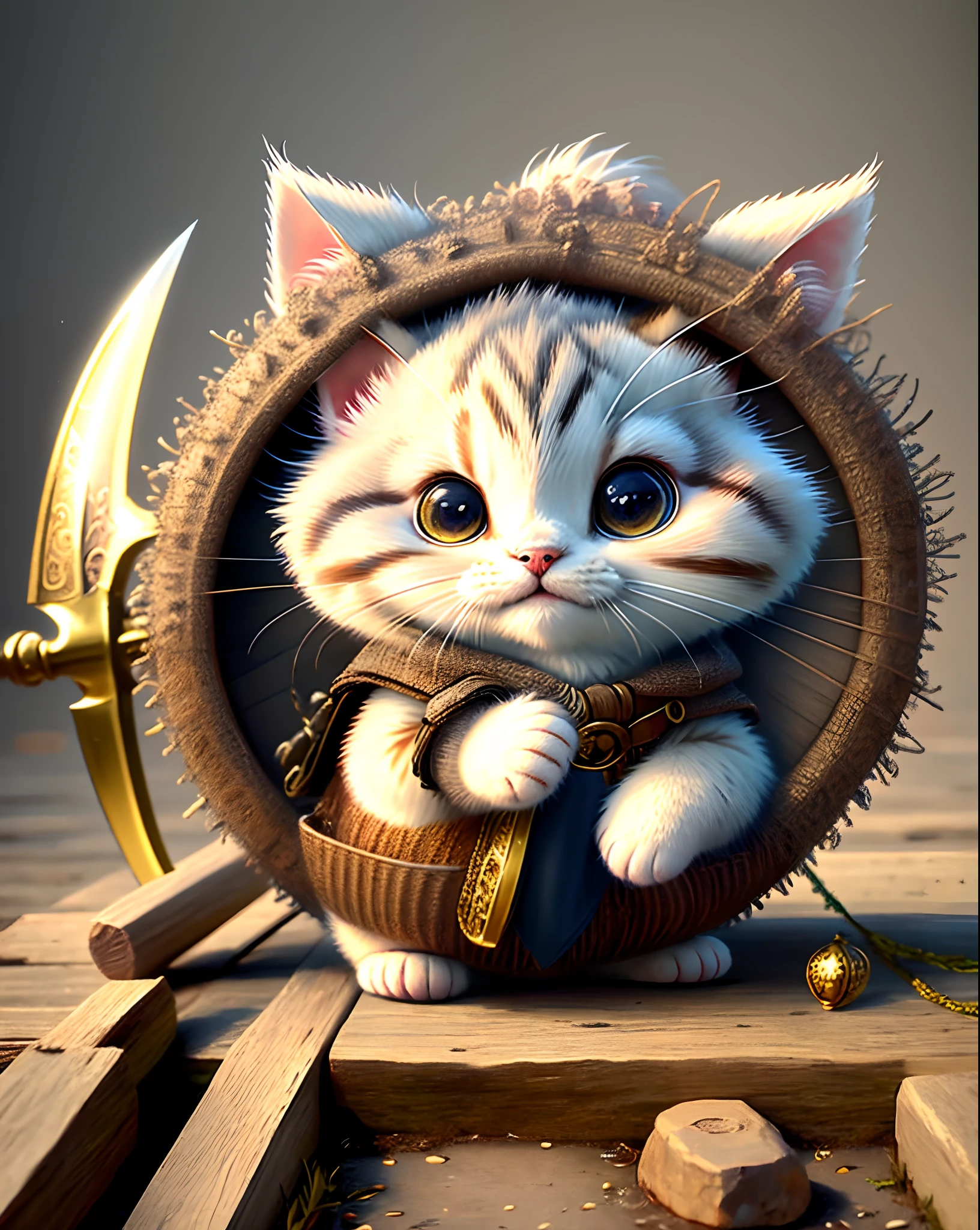 Top image quality、"Create a masterpiece of cute creatures. （Hachiwale cat）, high detailing, in 8K、Top image quality、Dressed as an adventurer、Holding a sword and shield in your hand、