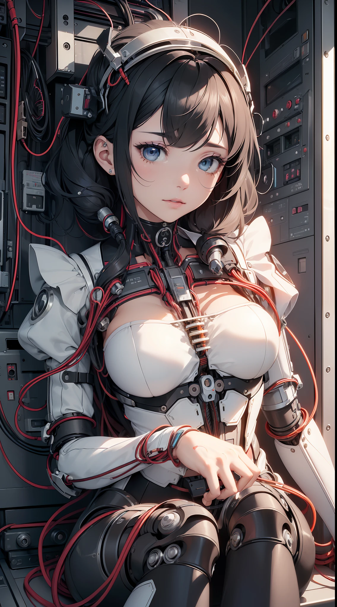 (((Masterpiece))), ((((Best quality)))), (((Ultra-detailed))), (CG illustration), ((Extremely delicate and beautiful)),(Cute and delicate face),Cinematic light,((1 mechanical girl)),Solo,full bodyesbian,(machine made joints:1.4),((Mechanical limb)),(Blood vessel attached to tube),((The mechanical vertebrae are attached to the back)), ((A mechanical cervical vertebrae attached to the neck)),((Seated)),face expressionless,(Wires and cables attached to the head and body:1.5),(Character focus),sci-fy,looks into camera,Black color hair,Black and white style,Blue machinery