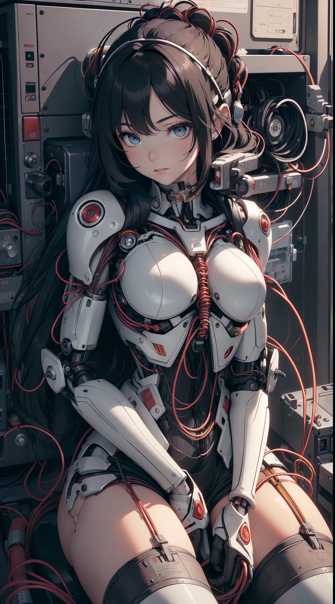 (((Masterpiece))), ((((Best quality)))), (((Ultra-detailed))), (CG illustration), ((Extremely delicate and beautiful)),(Cute and delicate face),Cinematic light,((1 mechanical girl)),Solo,full bodyesbian,(machine made joints:1.4),((Mechanical limb)),(Blood vessel attached to tube),((The mechanical vertebrae are attached to the back)), ((A mechanical cervical vertebrae attached to the neck)),((Seated)),face expressionless,(Wires and cables attached to the head and body:1.5),(Character focus),sci-fy,looks into camera,Black color hair,Black and white style,Blue machinery