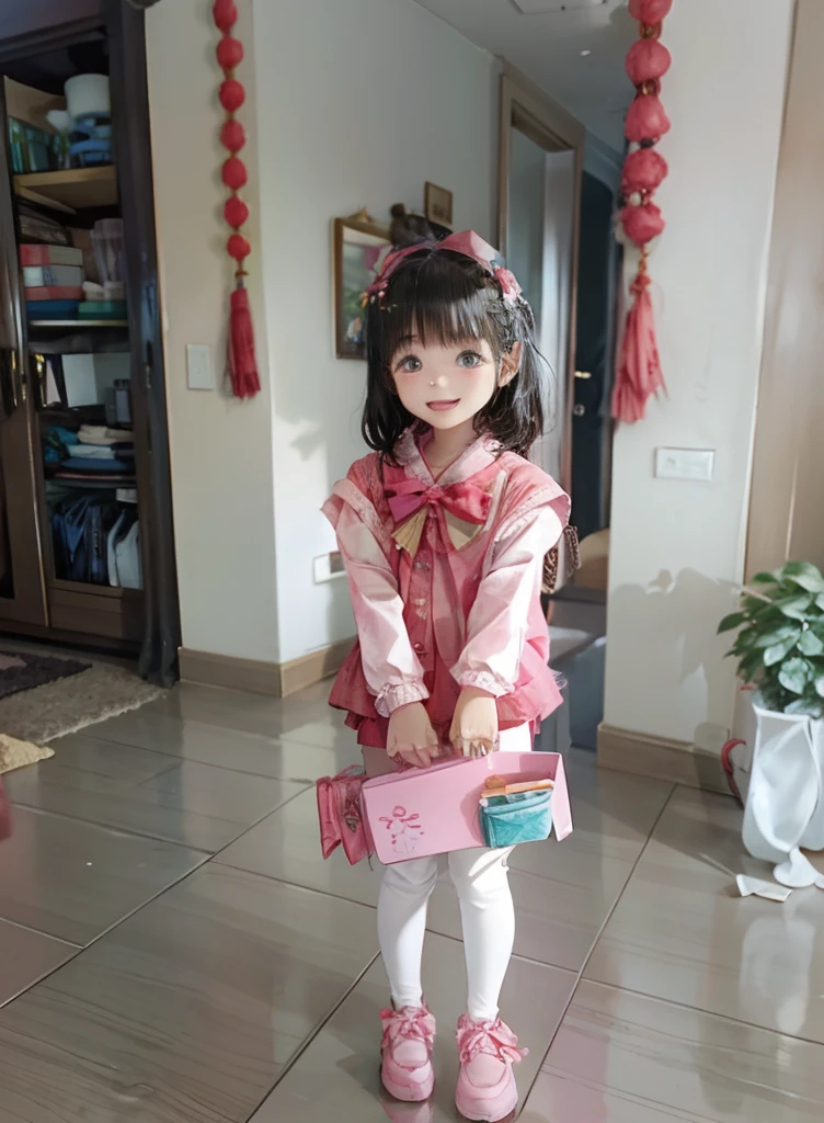 there is a little girl that is standing in a room，Holding a pink object, 2 years old, and she smiling，Very excited, holding gift, she expressing joy, ruan jia beautiful!, and she smiling，Very happy, With a happy expression, kid, from china, 5 years old, Very excited, Chinese girl, jinyiwei, she is happy, very very happy!