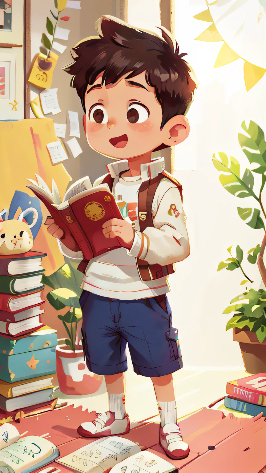 A boy child standing reading a book, reading, white background, happy, happy, perfect quality, clear focus (clutter-home: 0.8), (masterpiece: 1.2) (Realistic: 1.2) (Bokeh) (Best quality) (Detailed skin: 1.3) (Intricate details) (8K) (Detail Eyes) (Sharp Focus), (Happy),white background