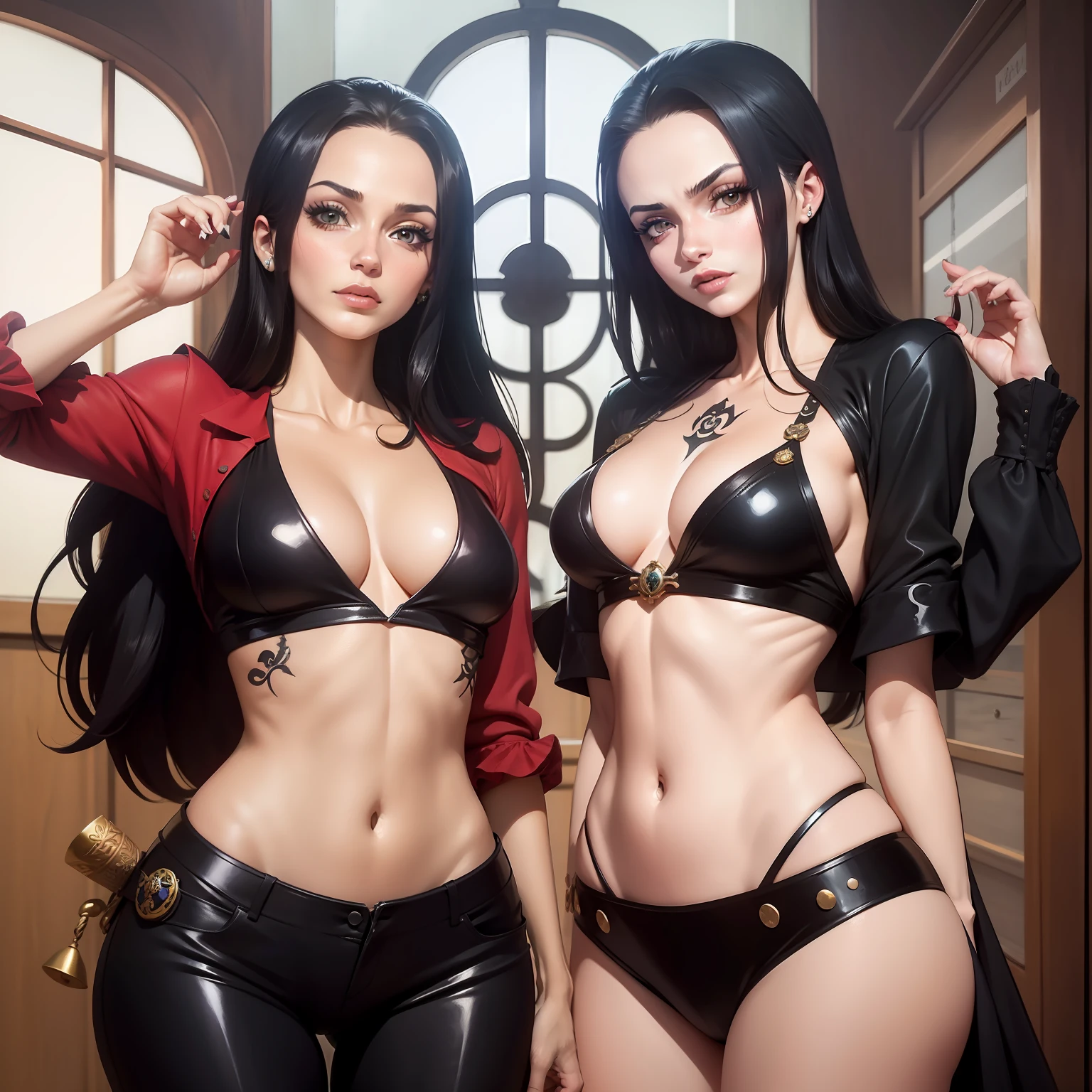 melhor qualidade, mulher de olhos vermelhos sentada, Posar, Man King of the Pirates com uma tatuagem de dragão, espadachim usando duas katanas, lado a lado, rindo, felizes, bonitos, pose para foto, sentados nico robin e luffy duas pessoas, duas pessoas, homem e mulher