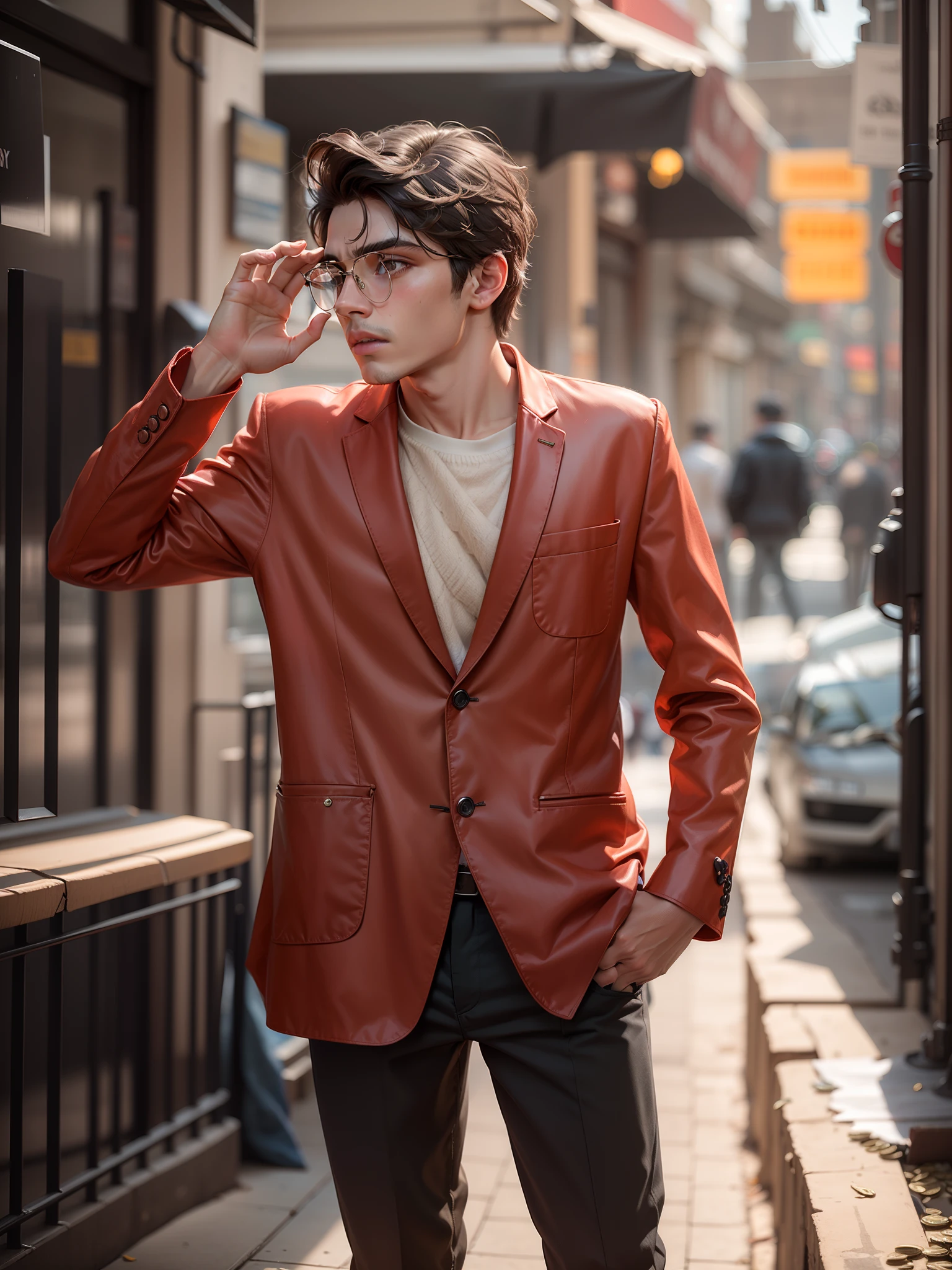 Boy become a Professor from money heist netflix series, Boy stand on front of Bank, dressing inspired by Professor from money heist, Netflix Series, red jacket inspired by money heist, Realistic, enhance and detailed, 4k