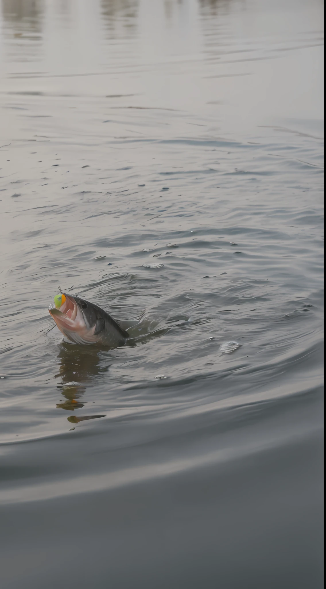 there is a fish that is swimming in the water，There is a yellow ball in his mouth, Fluttering bull nets, fish flying over head, a wide full shot, Big bass fishing, fish in the background, in a medium full shot, shot with canon 5 d mark ii, fish lens, taken with a canon eos 5d