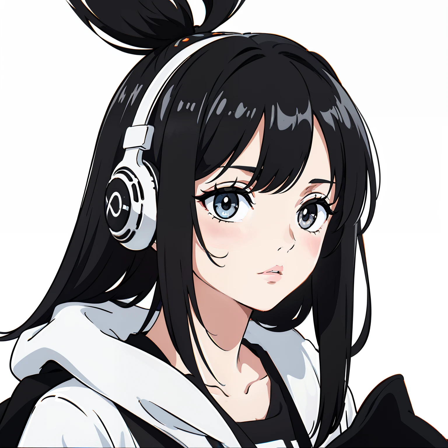 Nonchalant expression, black and white, disheveled fringe, medium messy hair, alluring look, black and white,Black and white painting,White background,Side Face,Over-ear headphones, large ear cups,relaxed browsEyes closed peacefully,Hand resting on head, fingers touching hair