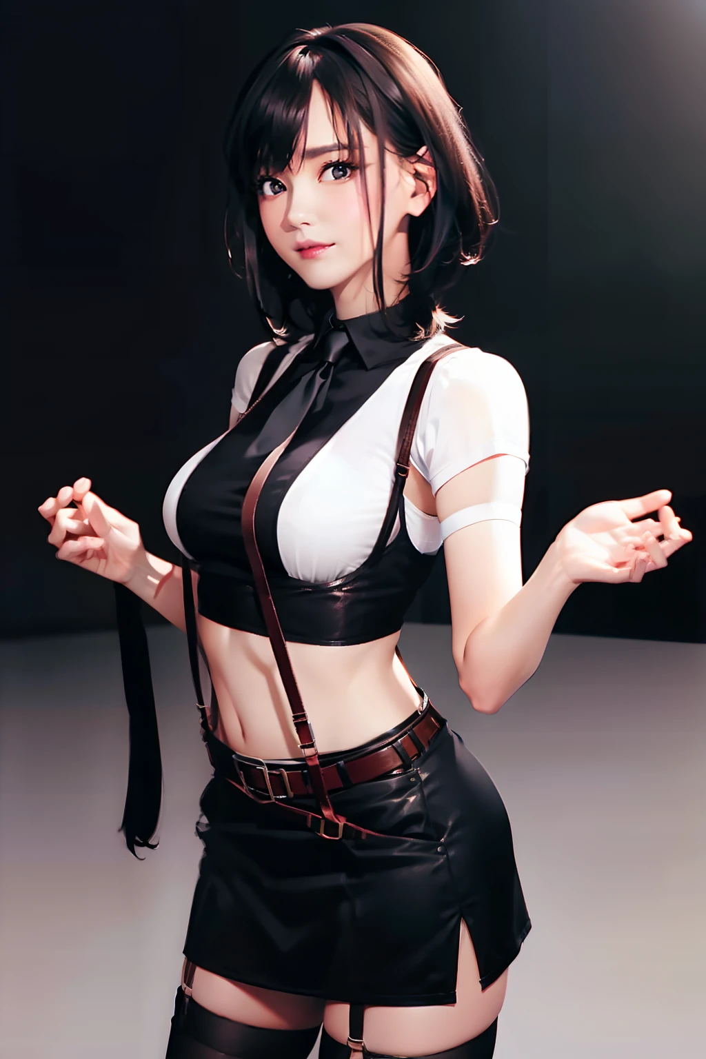 a belt suspenders Black miniskirt neck tie Black tank top Black stockings Brown hair short-hair Gray eyes holster bobby Garter belt on the legs Serious face piece large full breasts Fold your hands behind your back Stomach