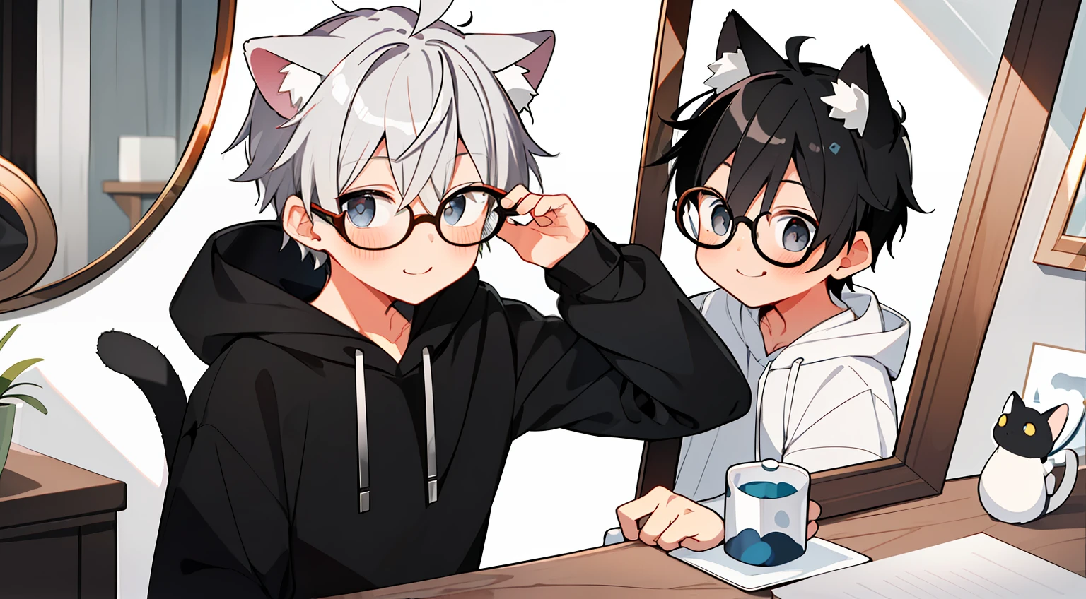 ((masterpiece)),(((best quality))), (high-quality, breathtaking),(expressive eyes, perfect face), 1boy, solo, male, short, young, boy, short gray hair, black eyes, cat ears,cat tail, smiling, wearing round glasses, blushing, oversize black hoodie, white short shorts, stuff animal, cute,stand in front of the mirror