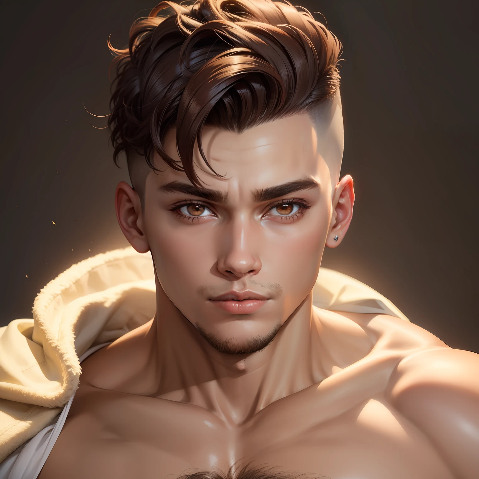 20 year old boy, strong, brown eyes, short hair on the sides and longer on top, 8k, dark